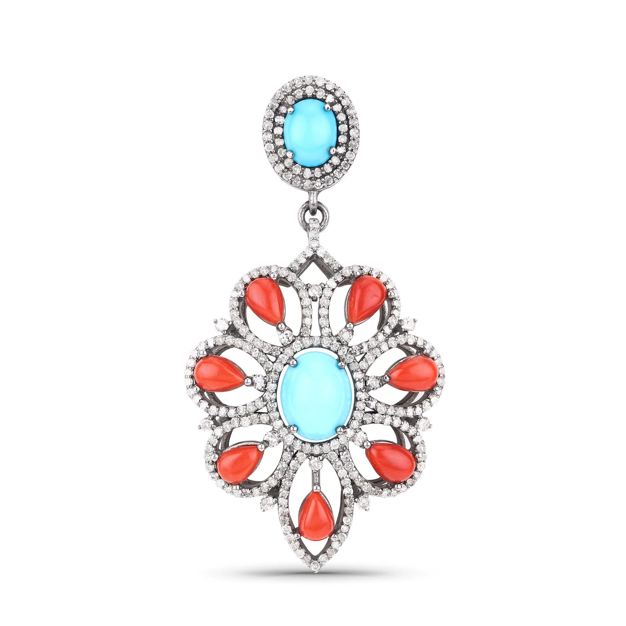 Art Nouveau Natural Coral Turquoise and Diamond Statement Earrings 16.75 Carats Total For Sale