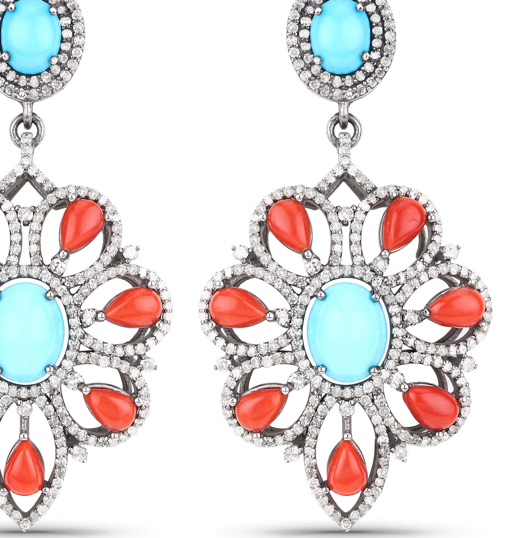 Mixed Cut Natural Coral Turquoise and Diamond Statement Earrings 16.75 Carats Total For Sale