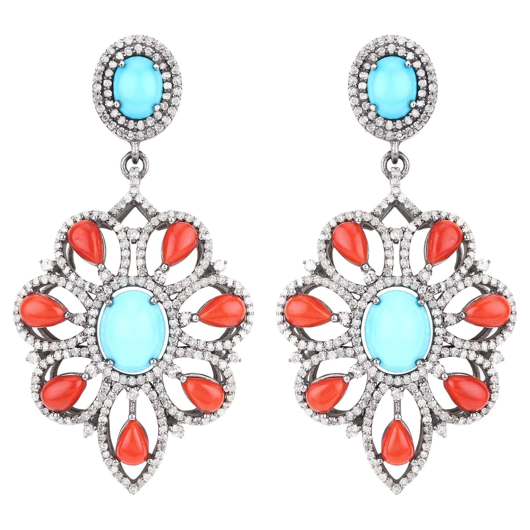 Natural Coral Turquoise and Diamond Statement Earrings 16.75 Carats Total