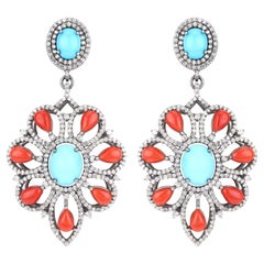 Natural Coral Turquoise and Diamond Statement Earrings 16.75 Carats Total