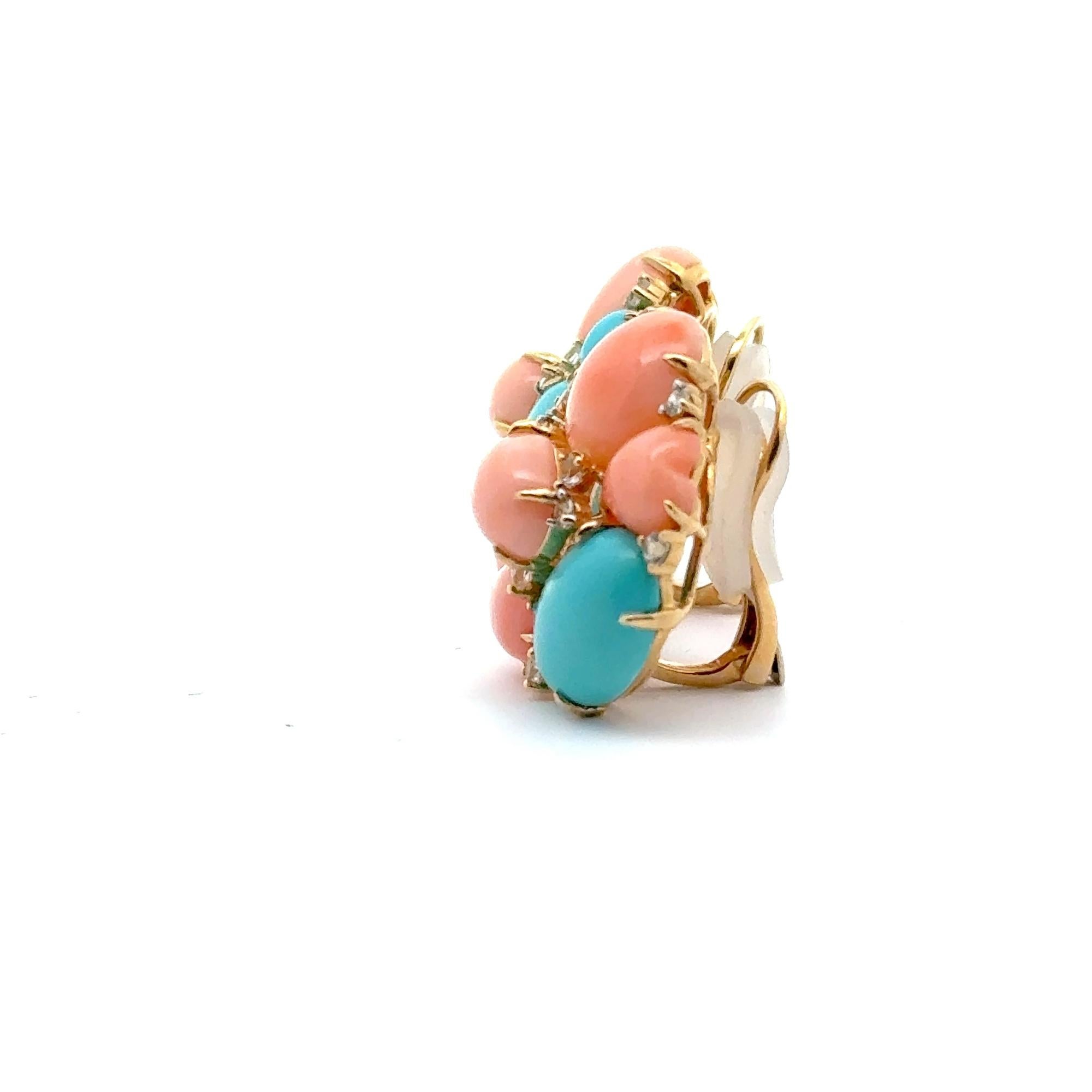 De las mujeres Pendientes Racimo Coral Natural, Turquesa, Diamante y Topacio Oro Amarillo 18K en venta