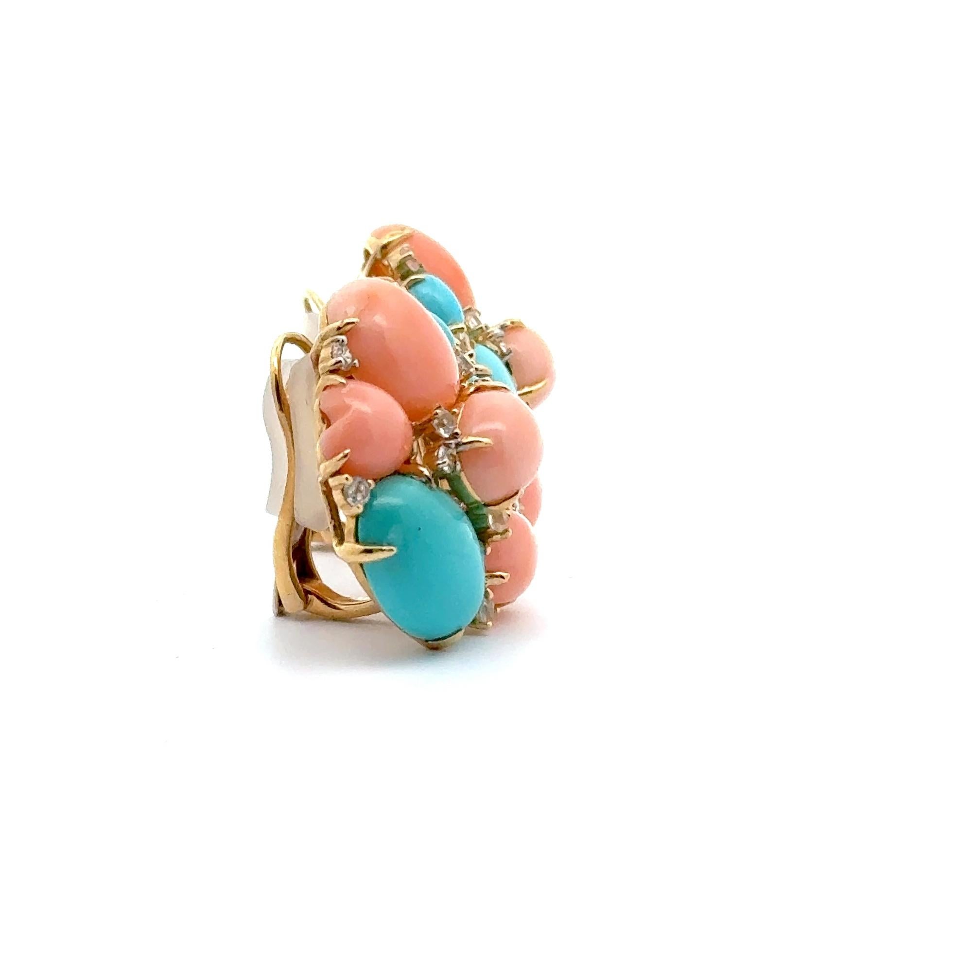 Pendientes Racimo Coral Natural, Turquesa, Diamante y Topacio Oro Amarillo 18K en venta 1