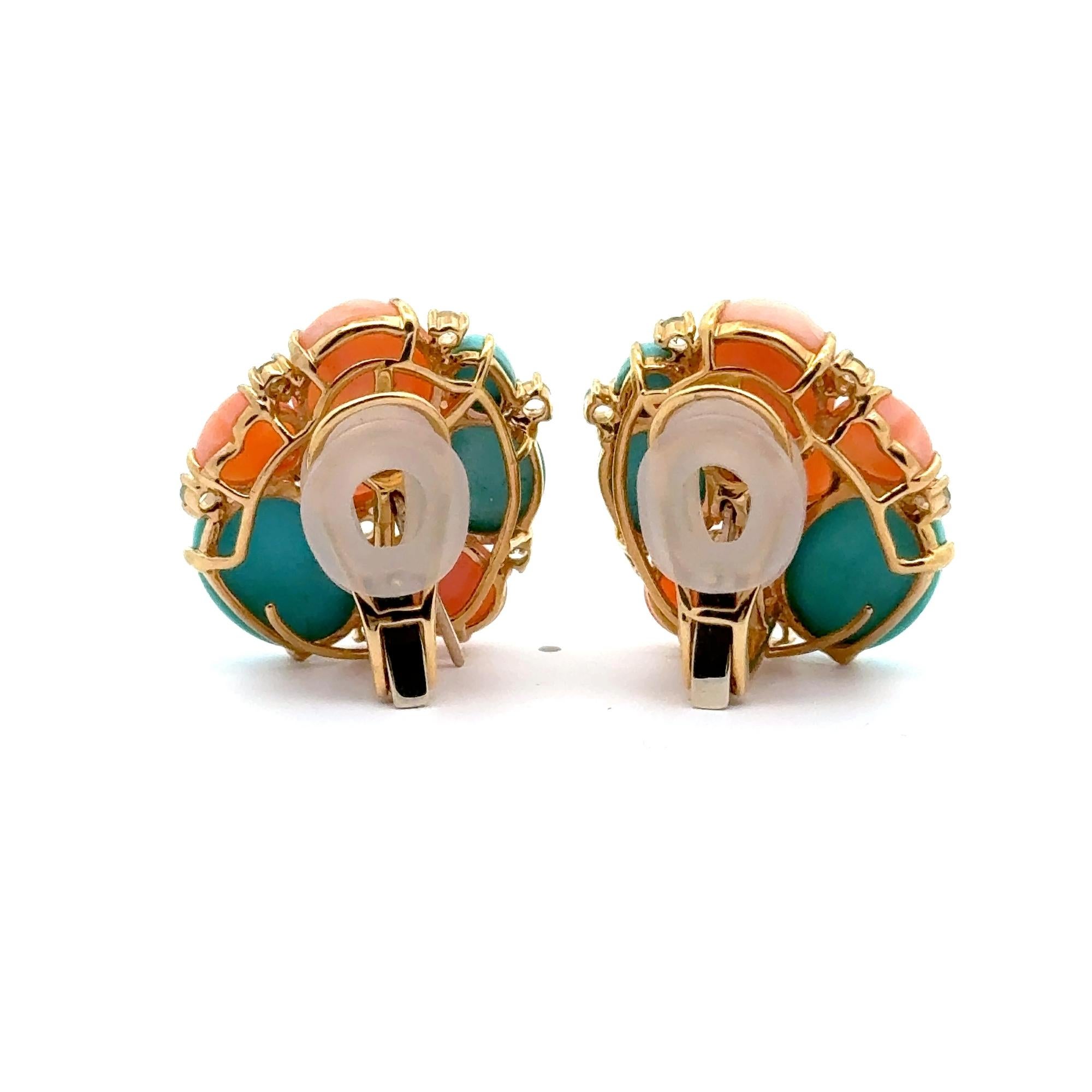 Pendientes Racimo Coral Natural, Turquesa, Diamante y Topacio Oro Amarillo 18K en venta 2