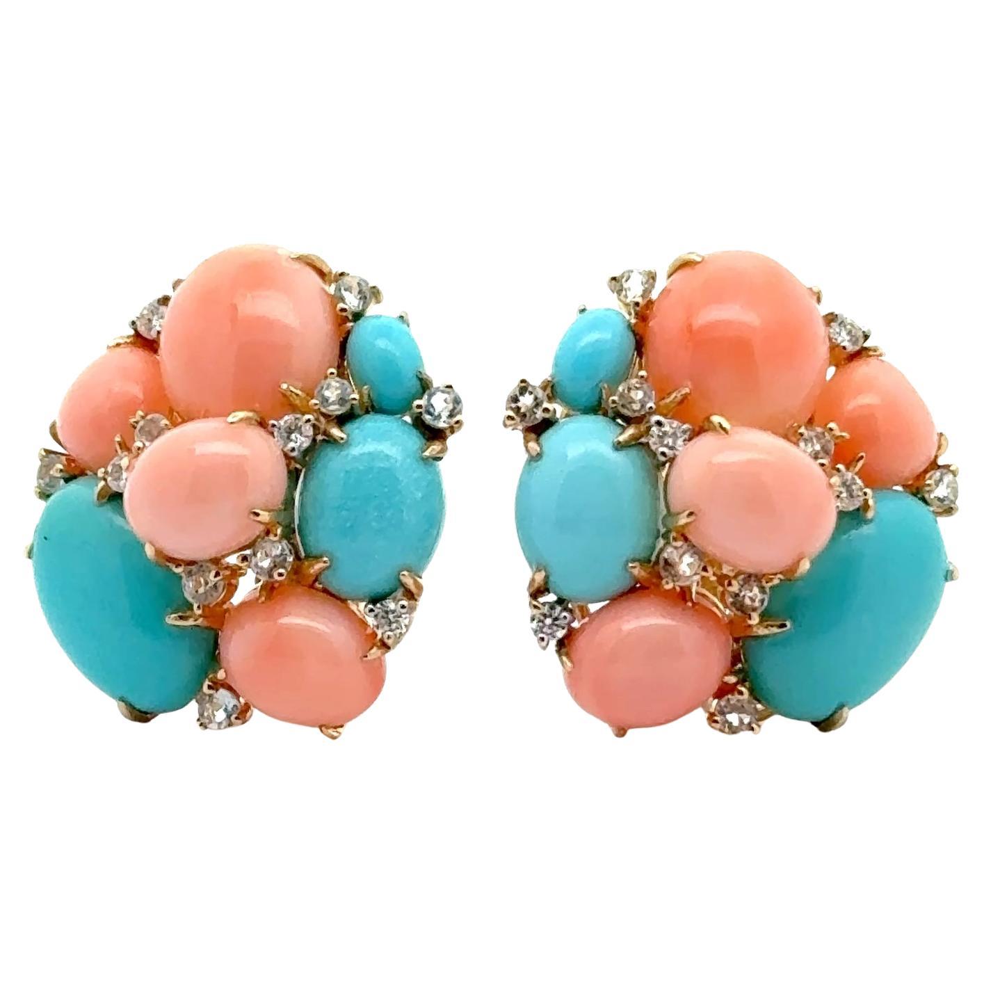 Pendientes Racimo Coral Natural, Turquesa, Diamante y Topacio Oro Amarillo 18K
