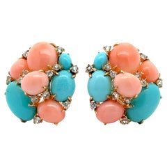 Natural Coral, Turquoise, Diamond & Topaz 18K Yellow Gold Cluster Earrings