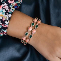 Natural Coral Zambian Emerald Bracelet SI/H Diamond 14 Karat Yellow Gold Jewelry