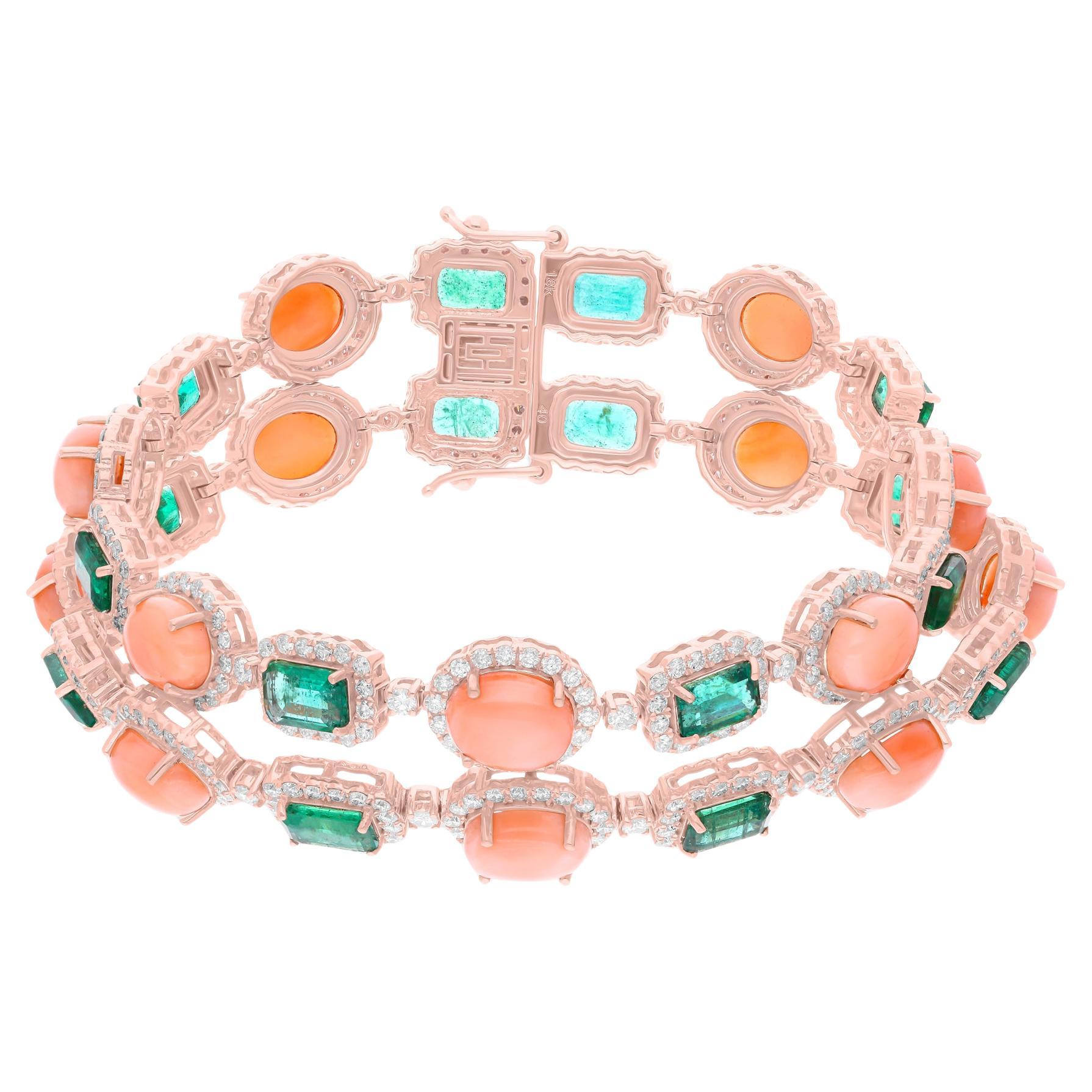Natural Coral Zambian Emerald Bracelet SI/H Diamond 18 Karat Yellow Gold Jewelry