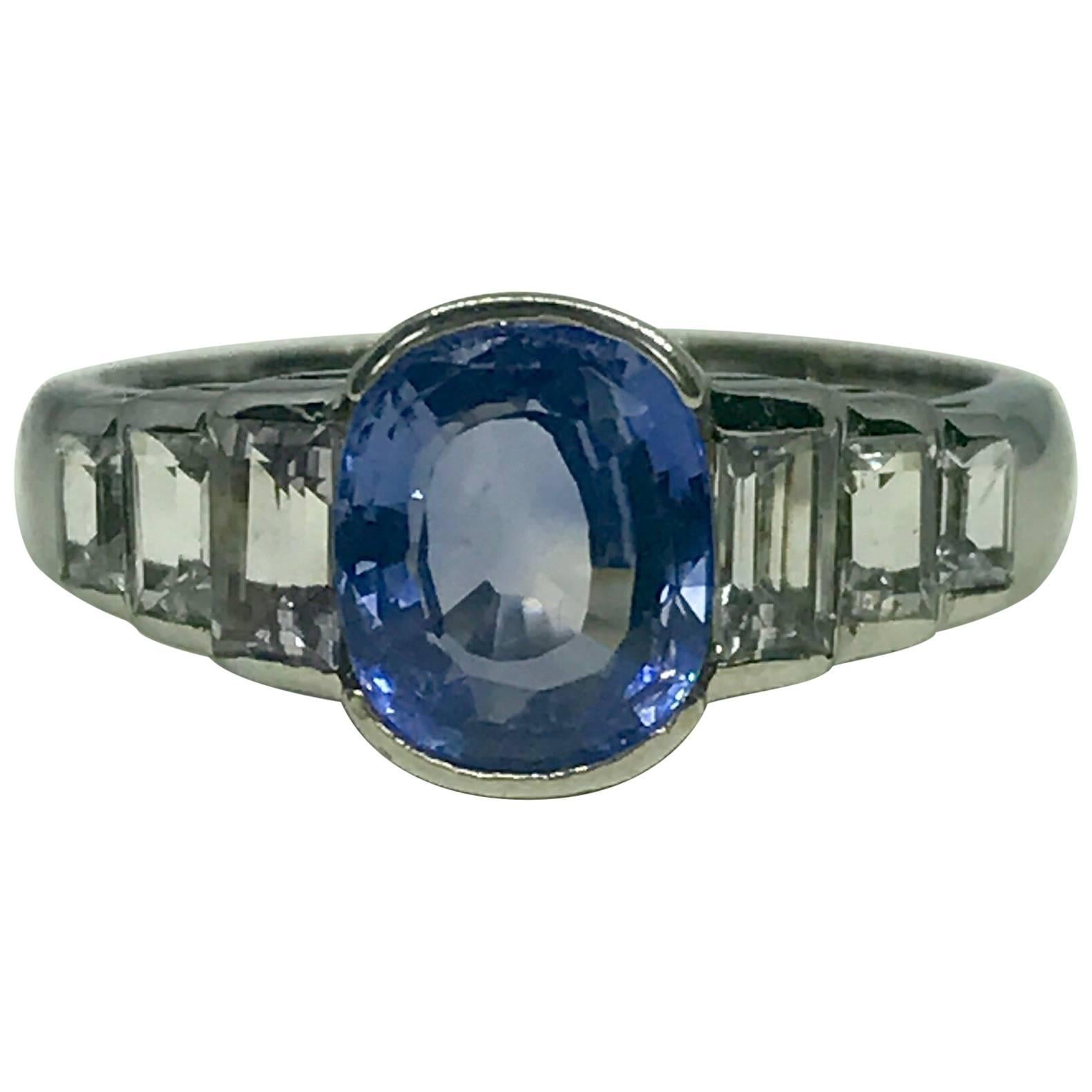 Natural Cornflower Blue Ceylon Sapphire and Diamond Ring For Sale