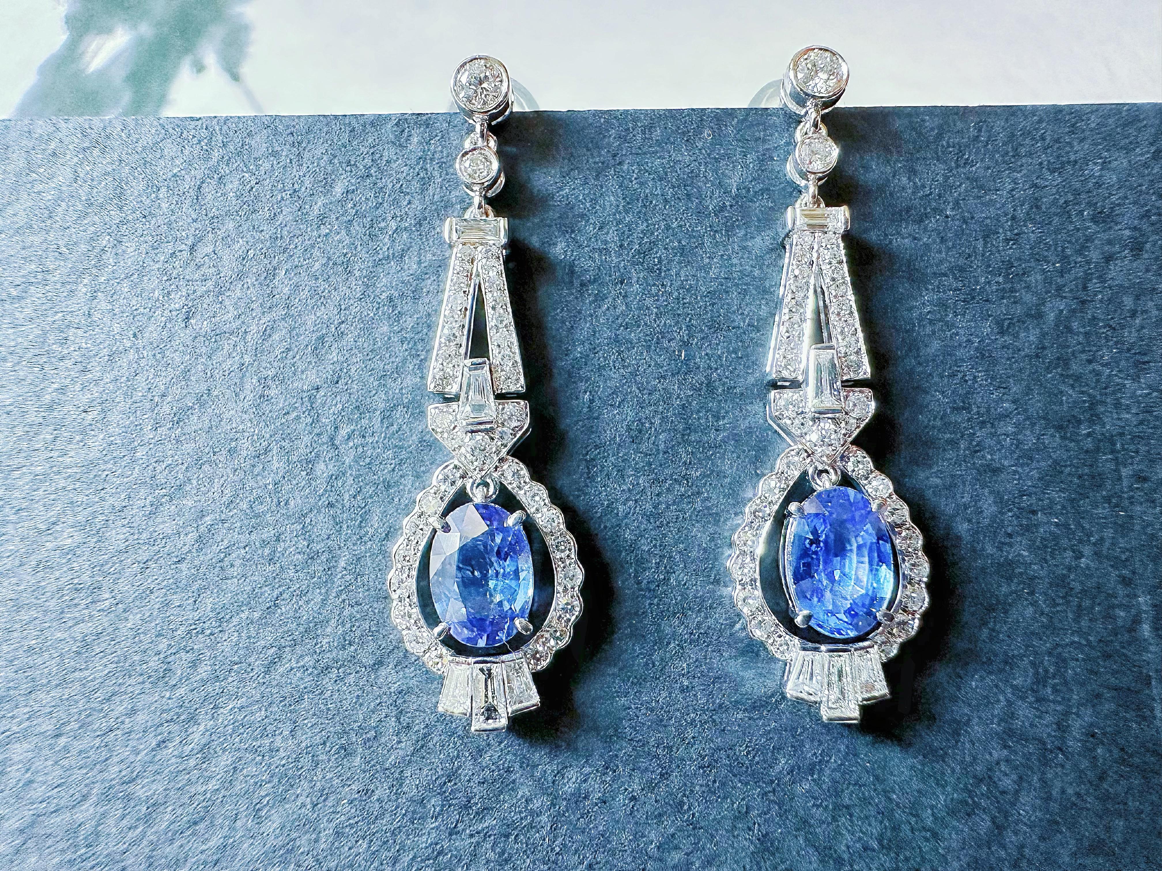 Oval Cut Natural Cornflower Blue Sapphire Earrings in Diamond and 18k White Gold