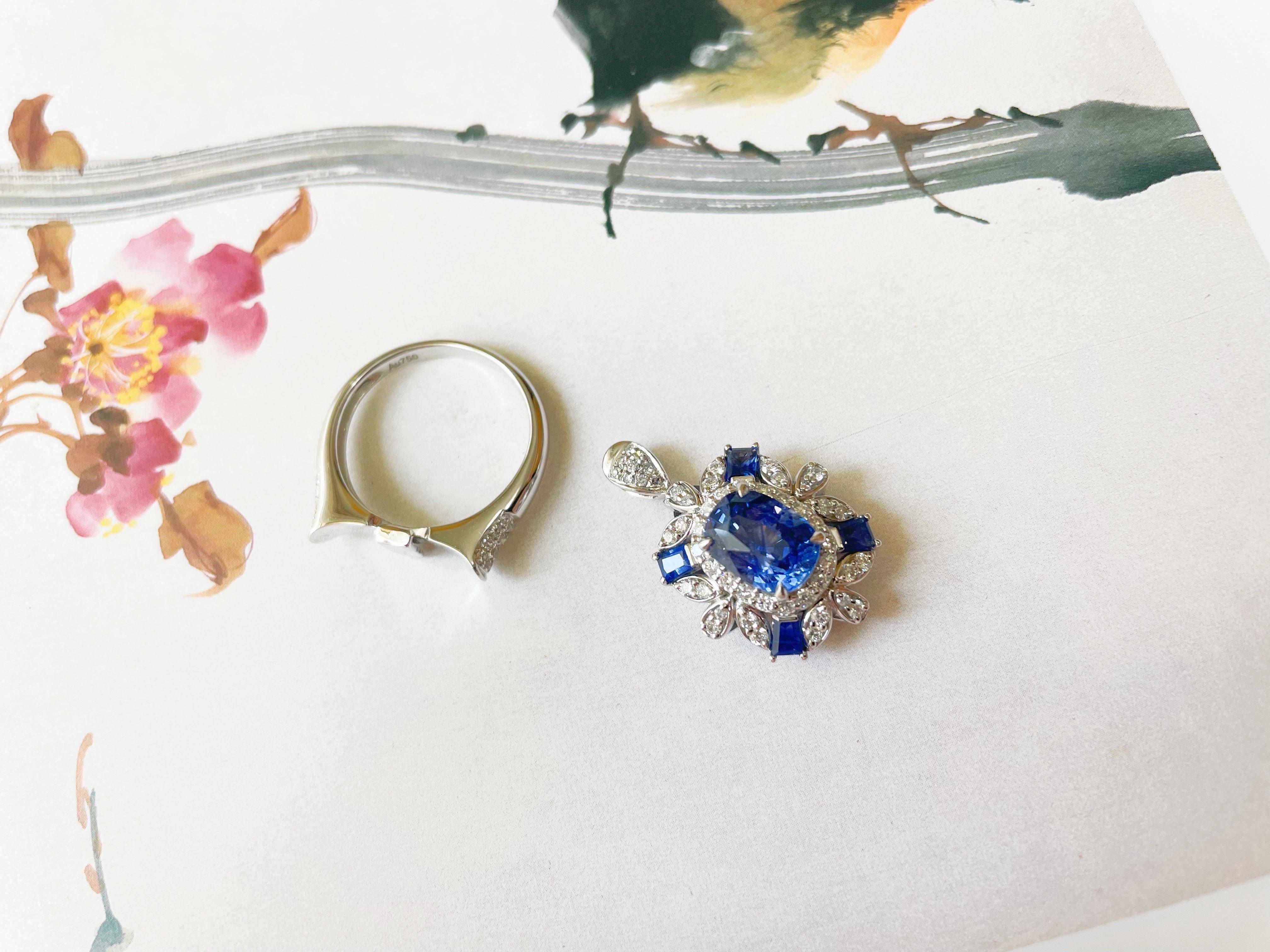 Ring und Anhänger mit natürlichem kornblumenblauem Saphir aus 18 Karat Weißgold und Diamanten im Angebot 2