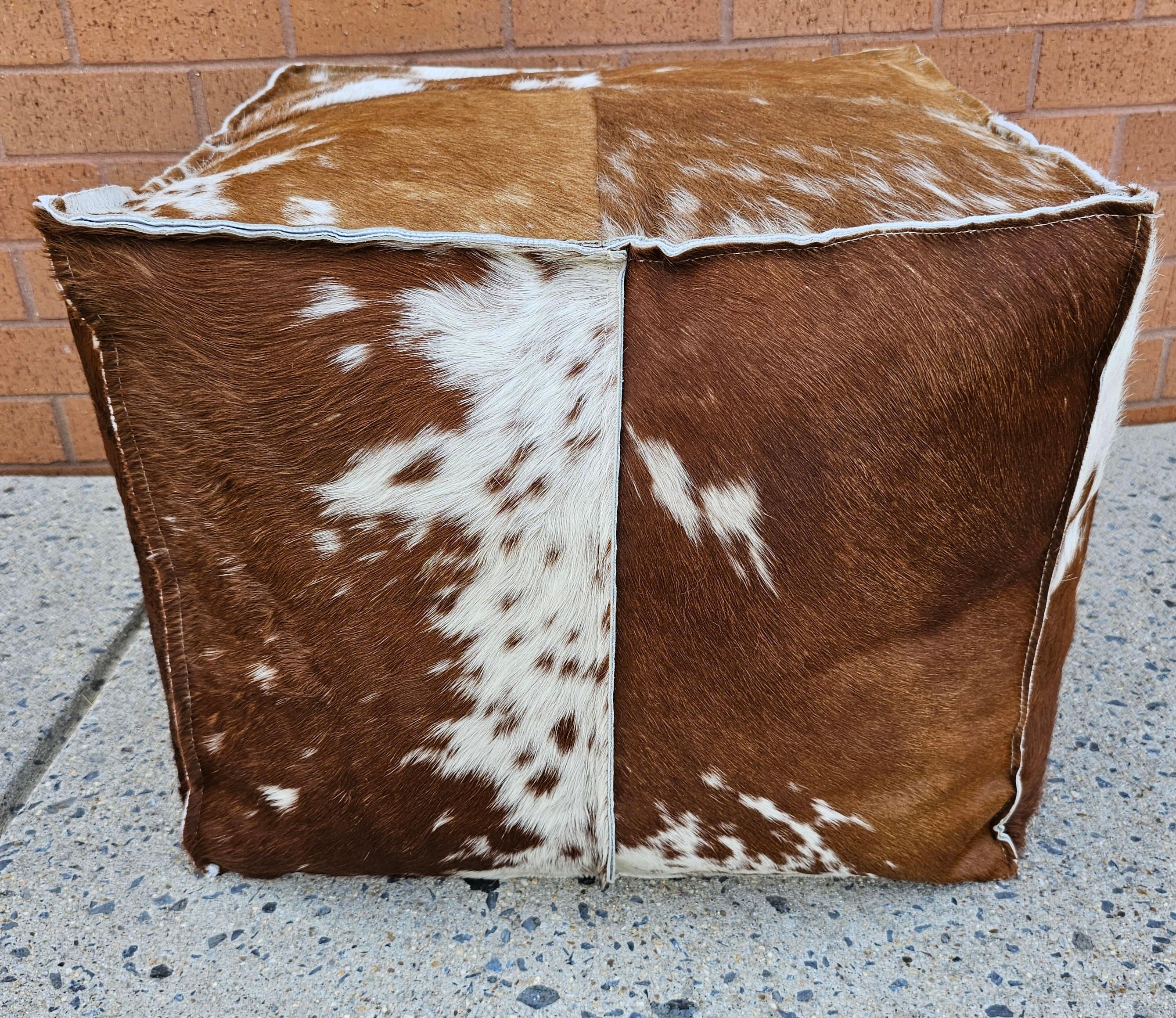 Hand-Crafted Natural Cow Hide Cube Ottoman / Pouf