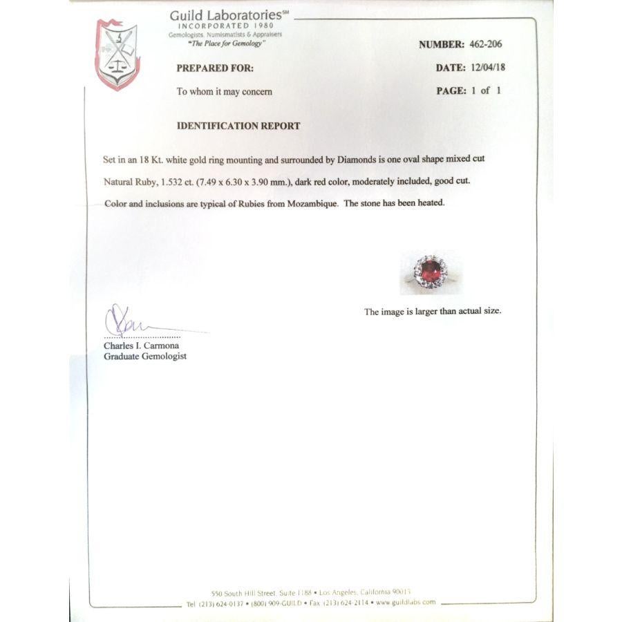 Mixed Cut Natural Crimson Red Ruby Gemstone 1.53 cts in 18K White Gold Ring with Diamonds For Sale