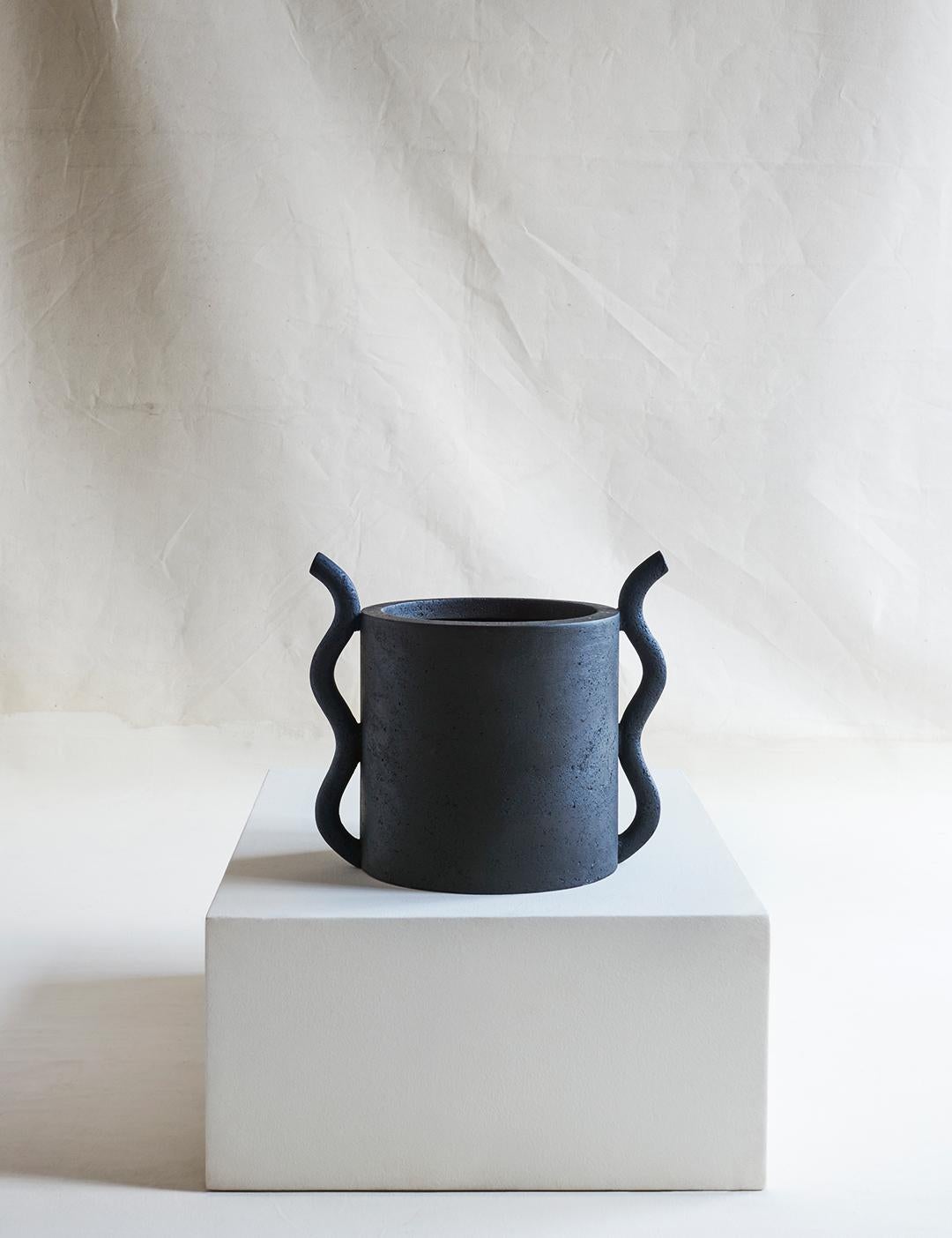 Cast Small Black Crushed Limestone & Wood Vessel by Studio Laurence For Sale