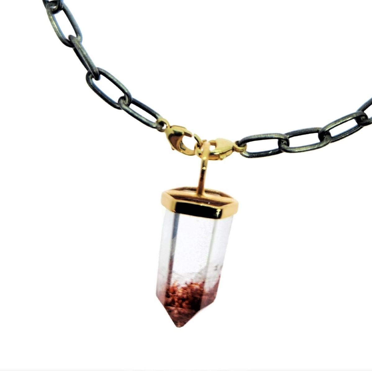 Contemporary Natural Crystal Edgy Bracelet in Gold and Silver and Red Rutilated Quartz Point  For Sale