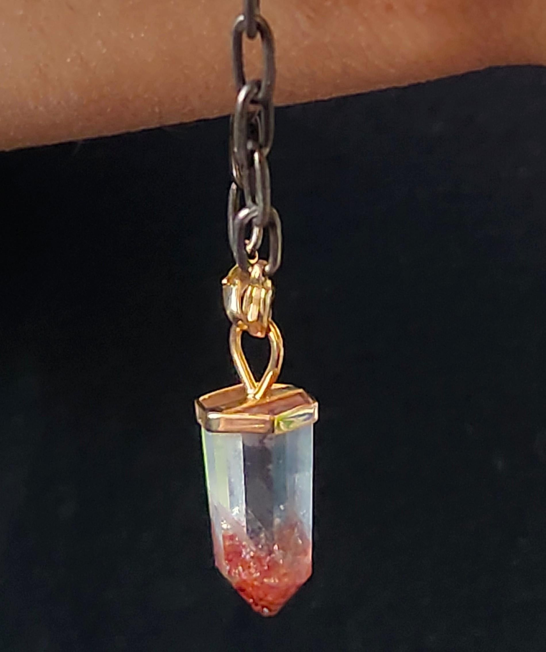 Uncut Natural Crystal Edgy Bracelet in Gold and Silver and Red Rutilated Quartz Point  For Sale