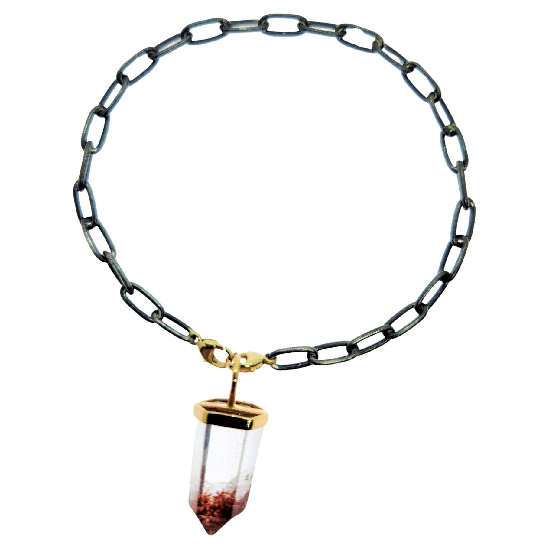 Natural Crystal Edgy Bracelet in Gold and Silver and Red Rutilated Quartz Point  For Sale