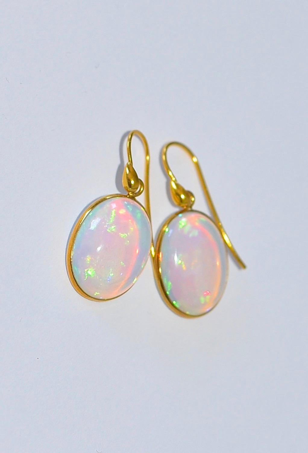 Modern Natural Crystal Opal Oval Bezel 18k Solid Yellow Gold Earrings
