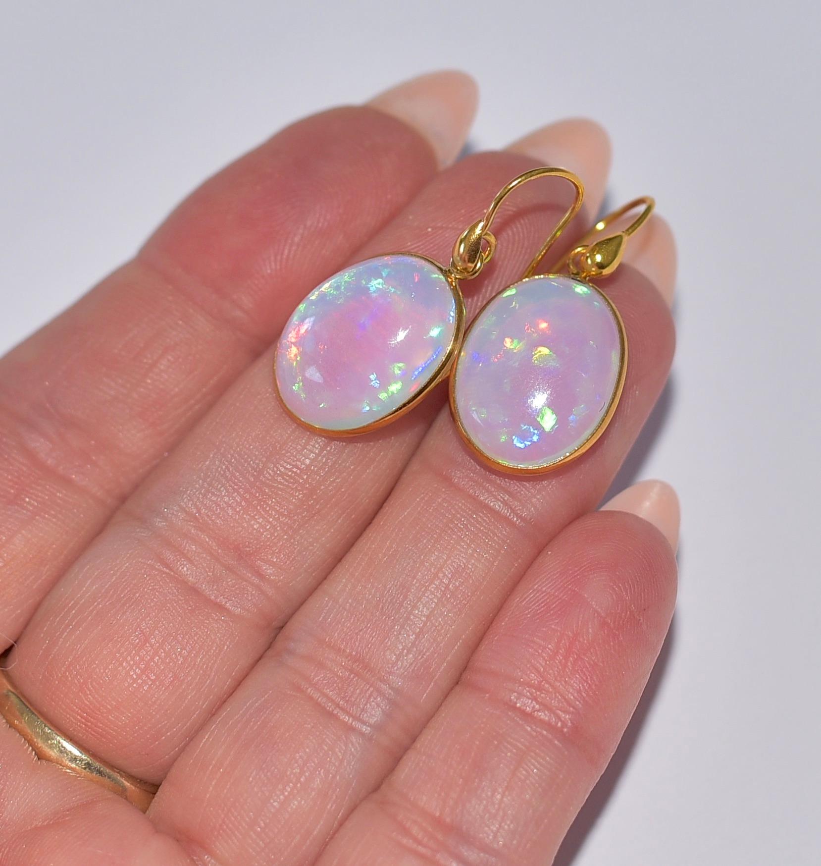 Natural Crystal Opal Oval Bezel 18k Solid Yellow Gold Earrings In New Condition In Astoria, NY