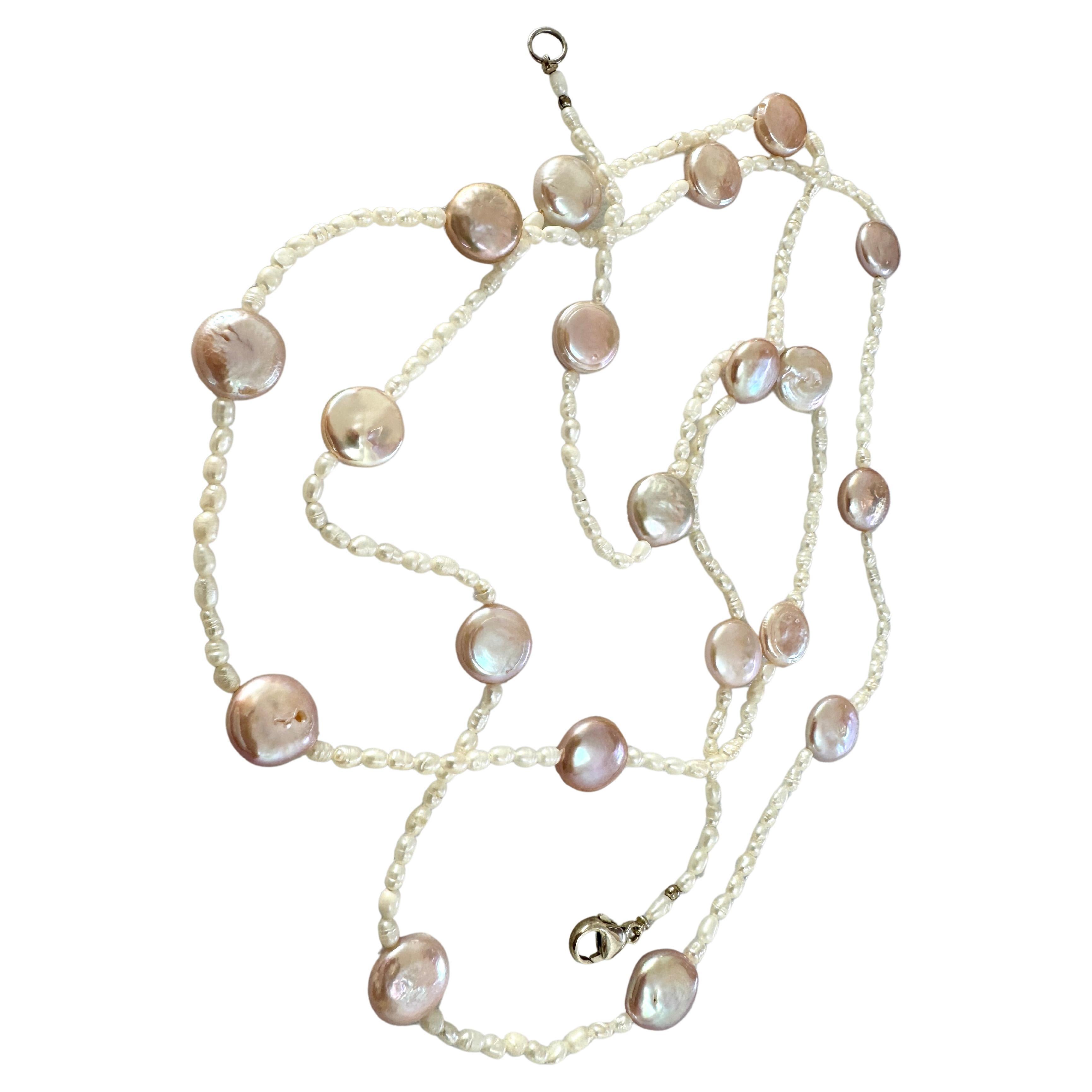  Natural Cultured Freshwater pearl necklace and earrings set, sterling silver 925.
Handmade delicate long pink coin pearls and white small rice pearls. Double lenght about 25