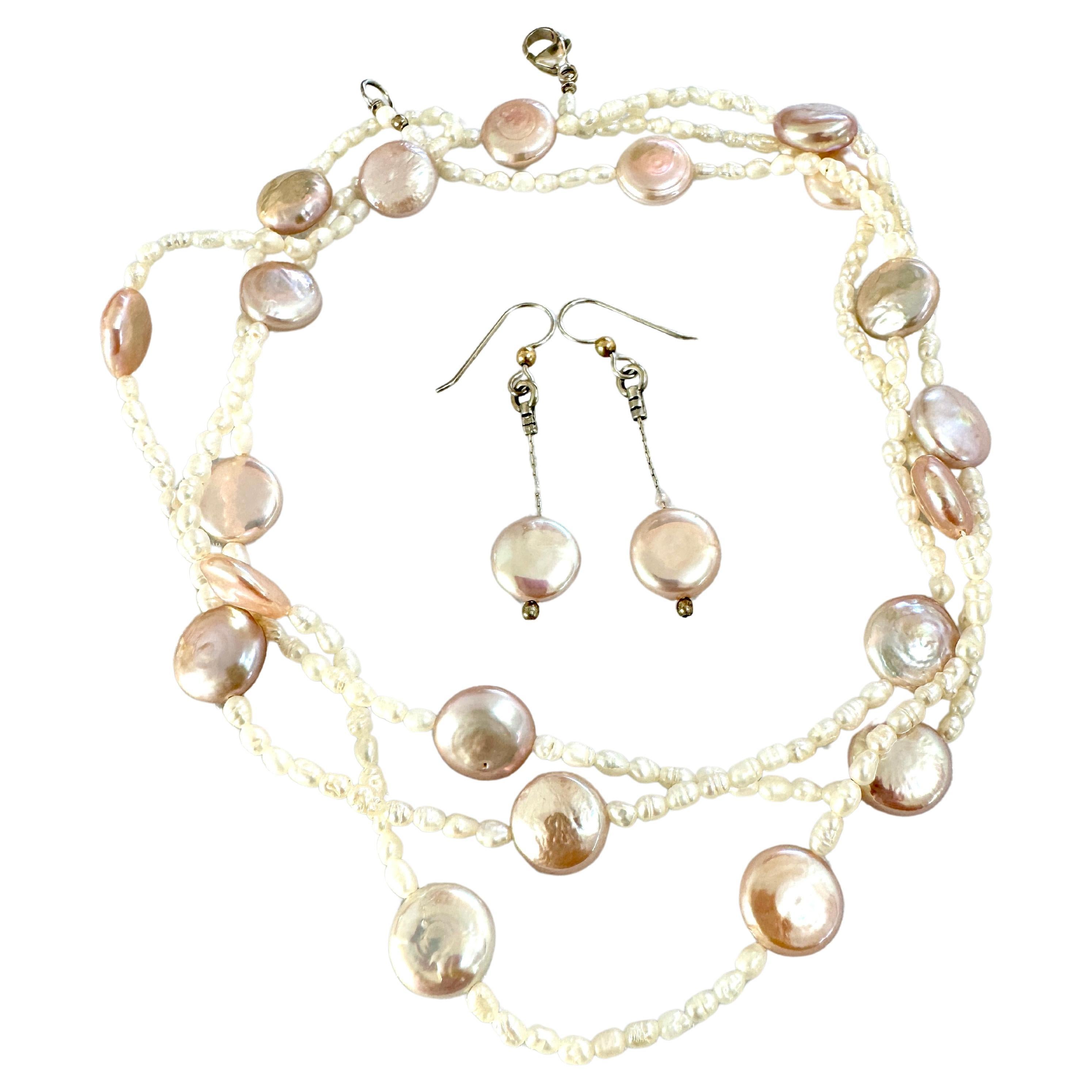 Artist Natural Cultured Freshwater Pink Pearl Necklace Earrings Set For Sale