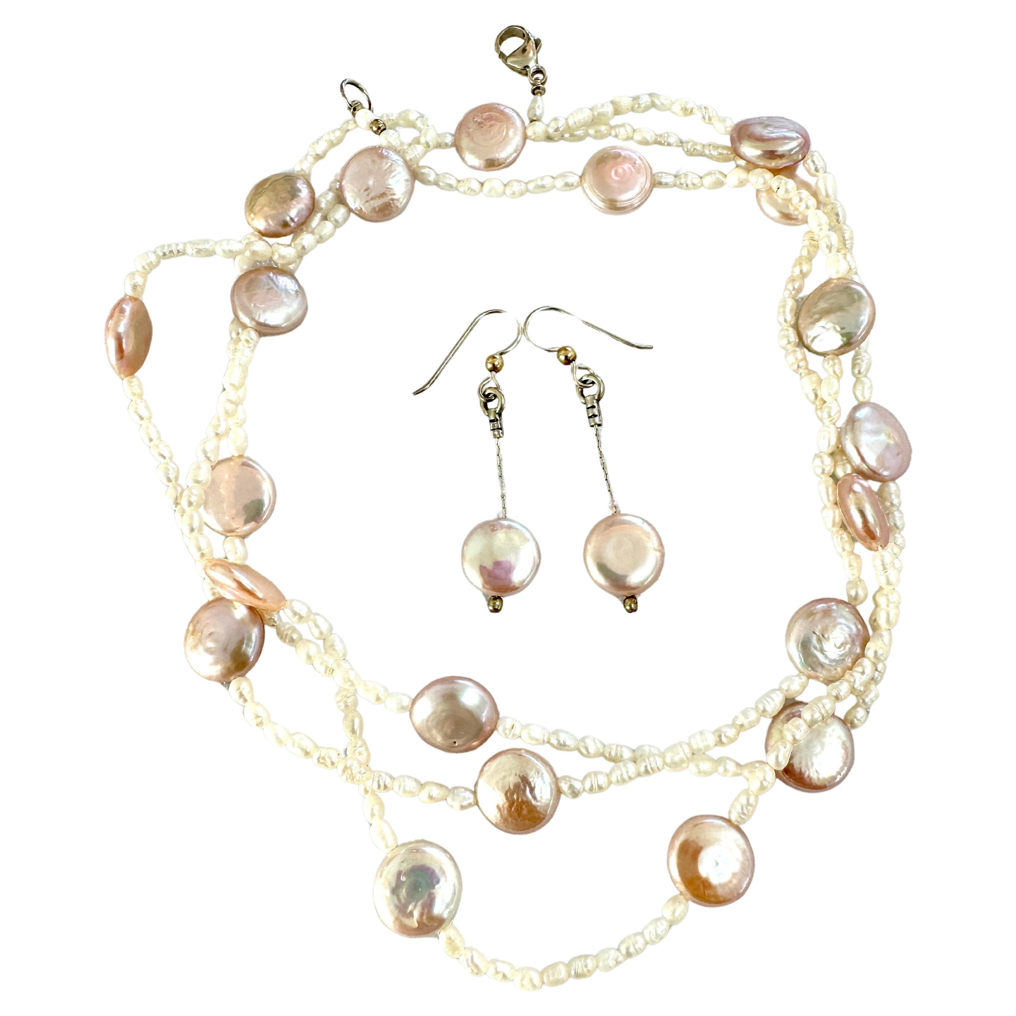 Natural Cultured Freshwater Pink Pearl Necklace Earrings Set
