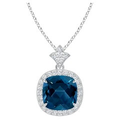 Natural Cushion 2.5 ct London Blue Topaz Halo Pendant in 14K Solid Gold