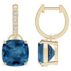 Natural Cushion Cut 6.6 ct London Blue Topaz Drop Earrings in 14K Solid Gold