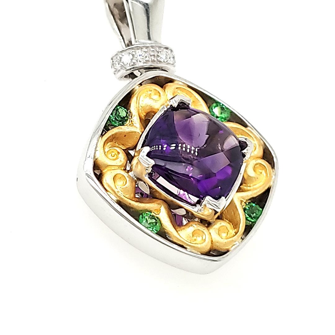 Wearing this pendant is ideal for when you need a splash of color and a little sophistication.

A 2.20-carat cushion cut amethyst is set in this magnificent piece, which combines elegance and artistic flair with a flowing swirl of gold design around