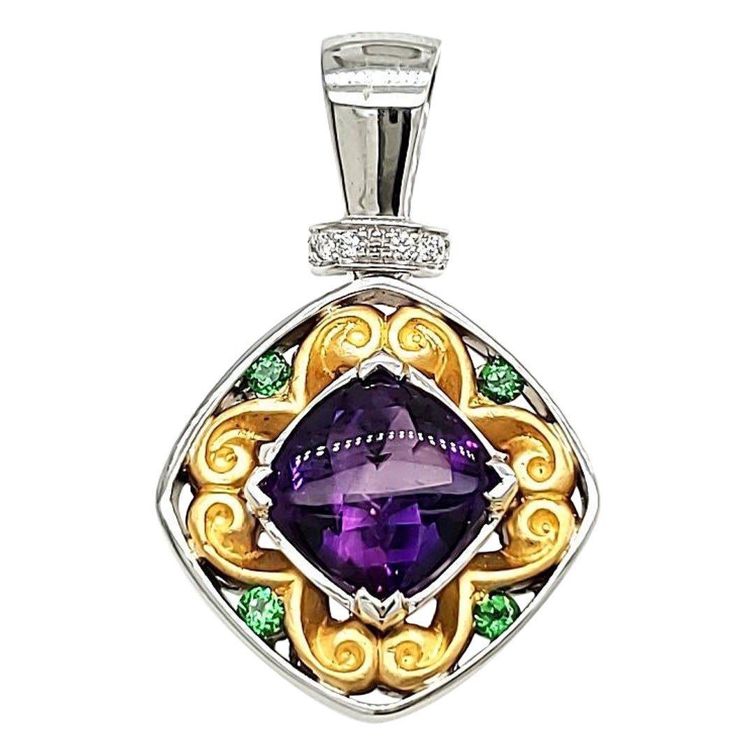 Natural Cushion Cut Amethyst Cts 2.20 and Round Tsavorite Cts 0.22 Diamond Penda
