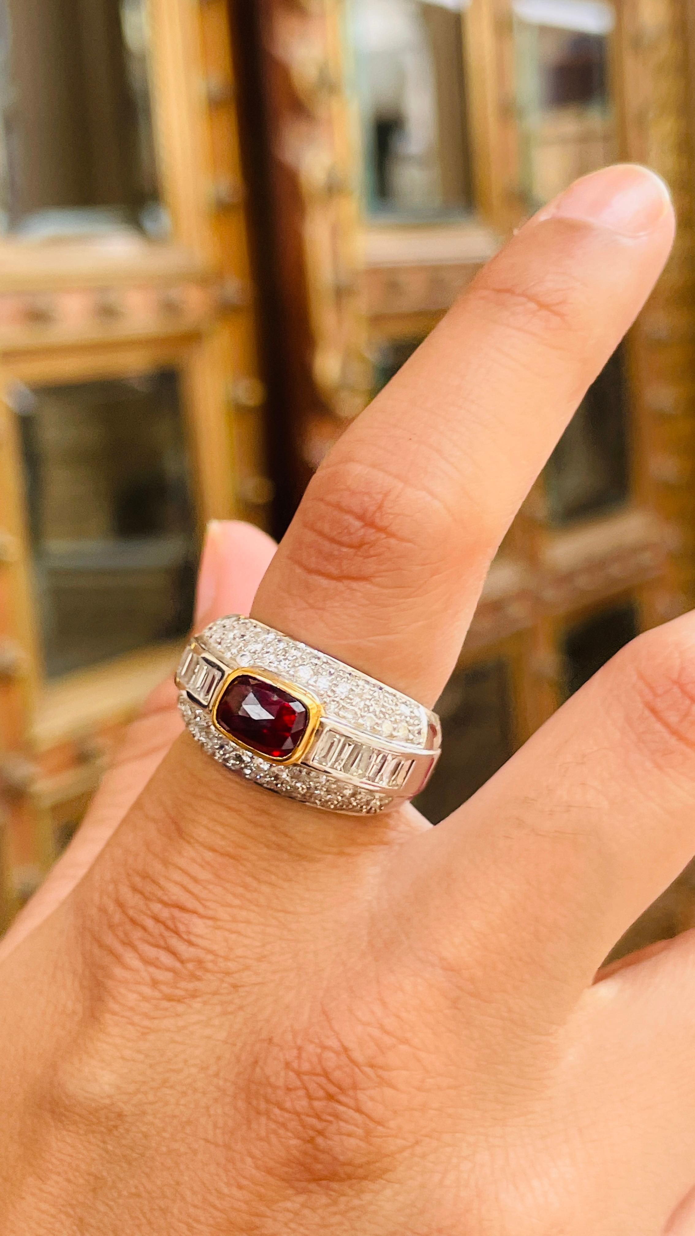 For Sale:  Natural Cushion Cut Ruby and Diamond Cluster Ring in 18K White Gold  9