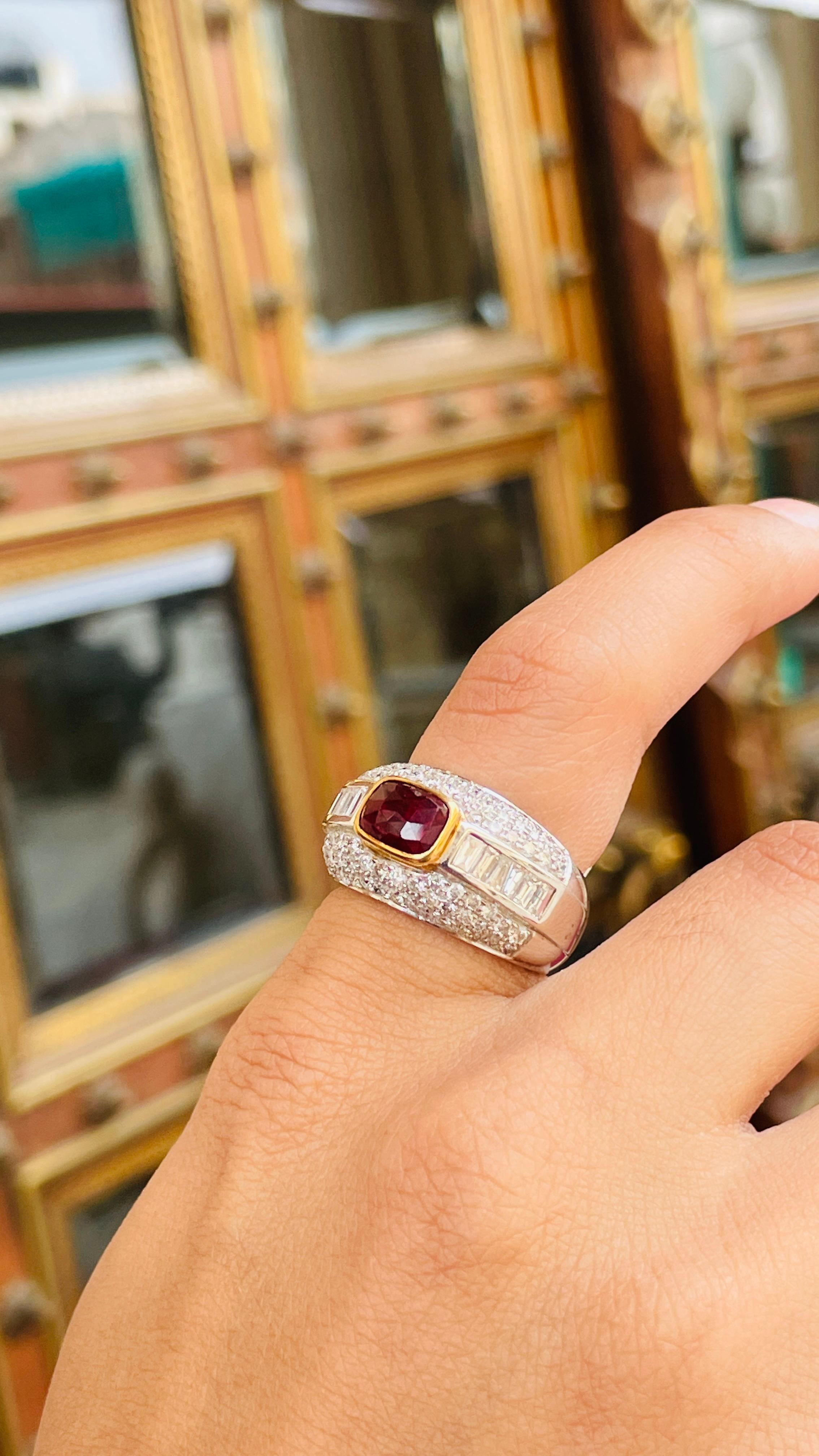 For Sale:  Natural Cushion Cut Ruby and Diamond Cluster Ring in 18K White Gold  6