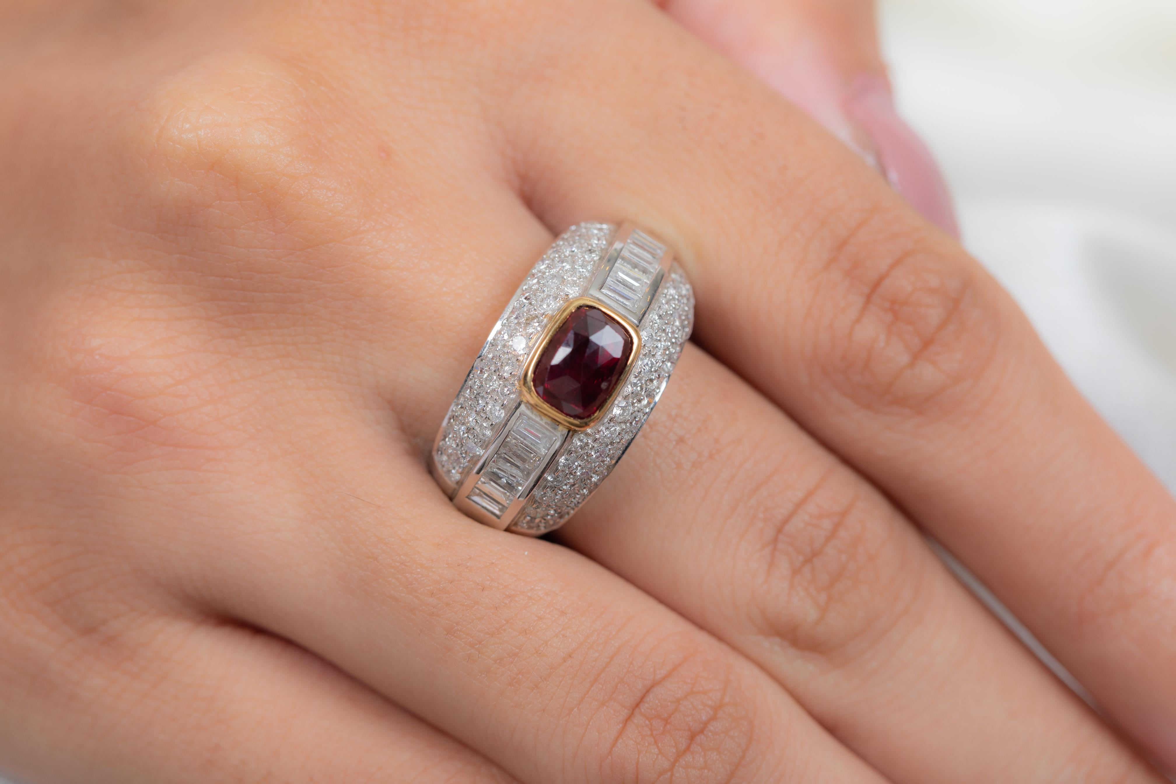 For Sale:  Natural Cushion Cut Ruby and Diamond Cluster Ring in 18K White Gold  3