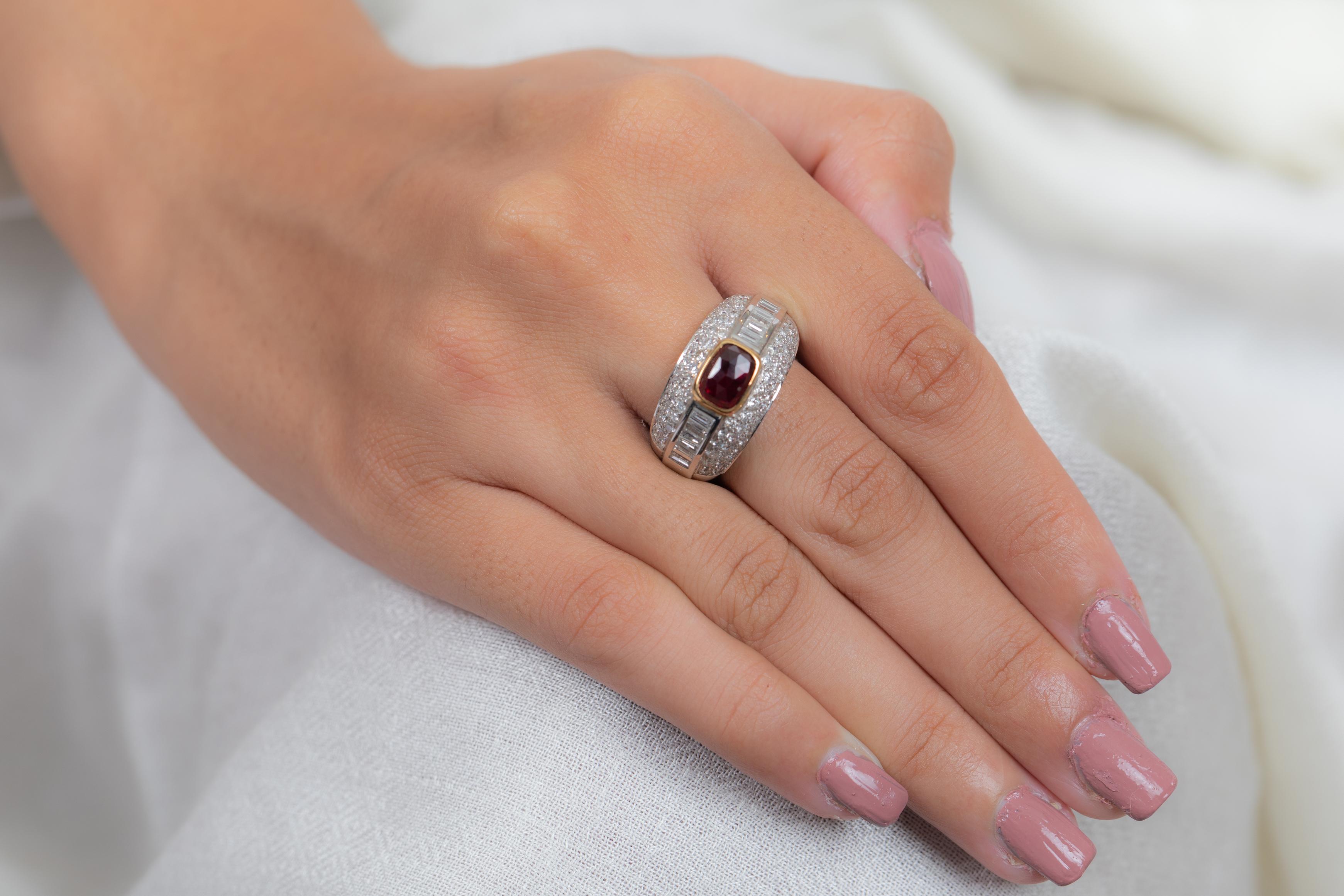 For Sale:  Natural Cushion Cut Ruby and Diamond Cluster Ring in 18K White Gold  10