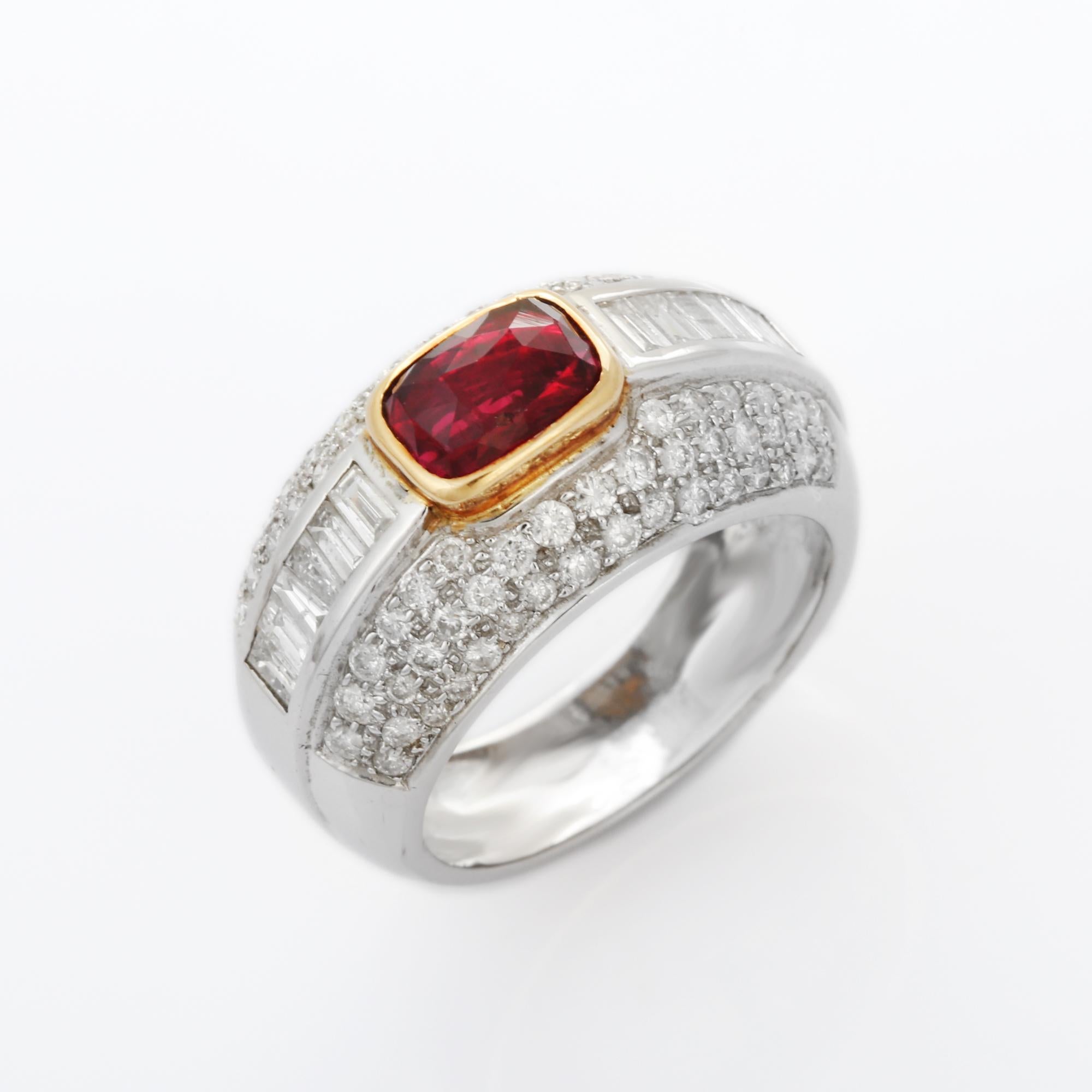For Sale:  Natural Cushion Cut Ruby and Diamond Cluster Ring in 18K White Gold  14