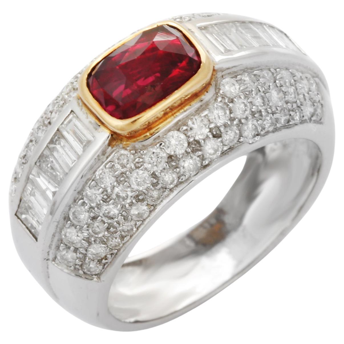 Natural Cushion Cut Ruby and Diamond Cluster Ring in 18K White Gold 