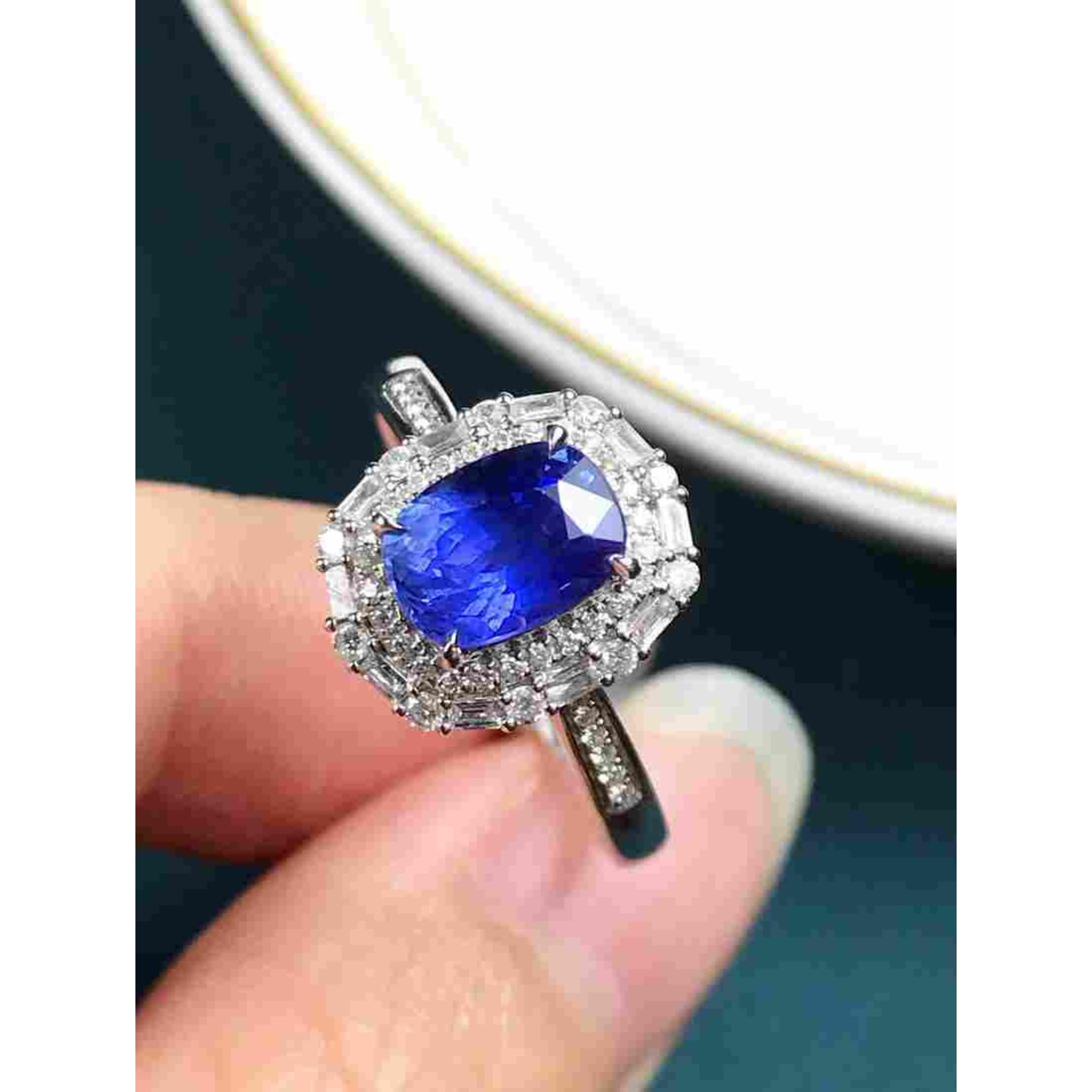For Sale:  Natural Cushion Cut Sapphire Engagement Ring, Diamond Wedding Ring 2