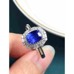 Natural Cushion Cut Sapphire Engagement Ring, Diamond Wedding Ring
