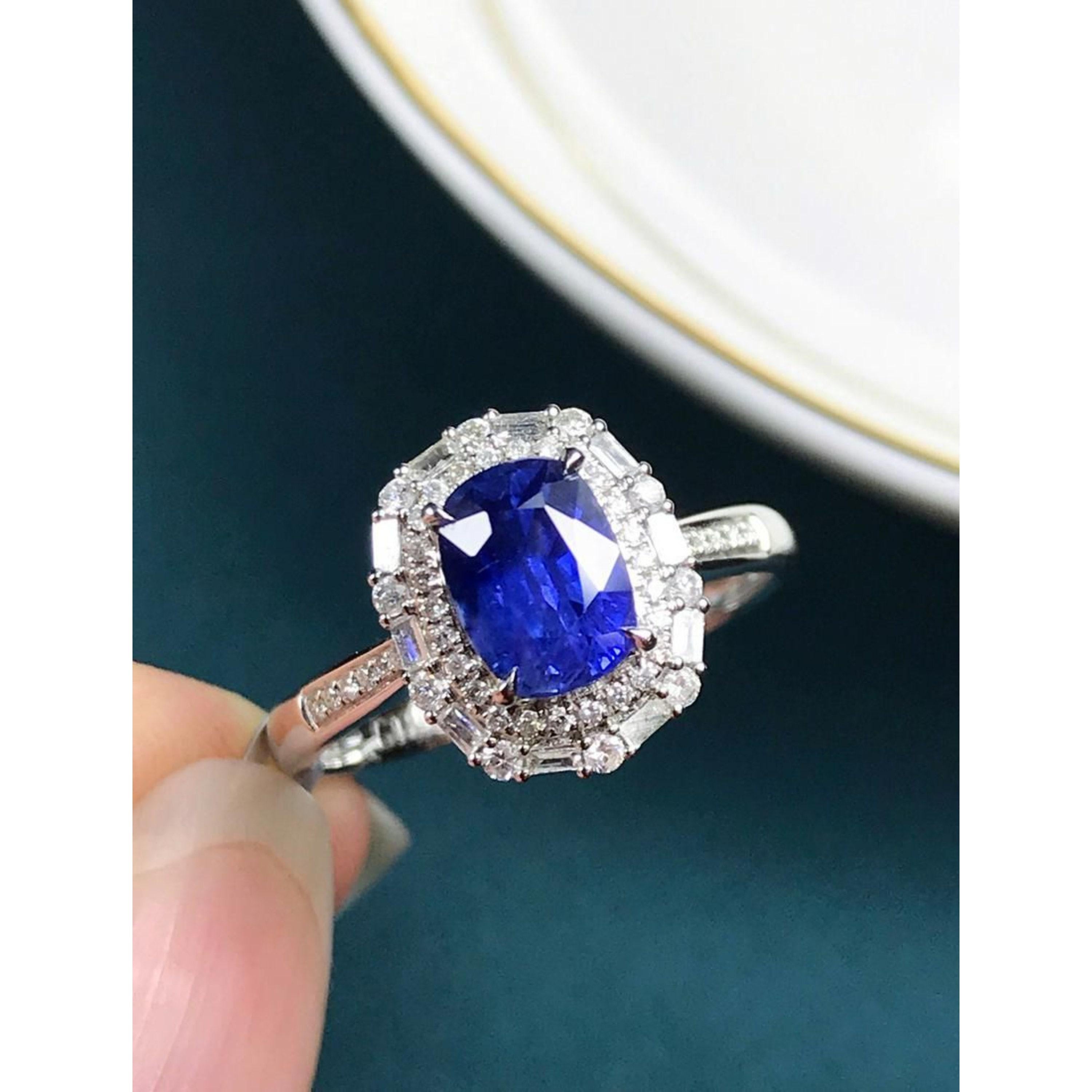 For Sale:  Natural Cushion Cut Sapphire Engagement Ring, Diamond Wedding Ring 4