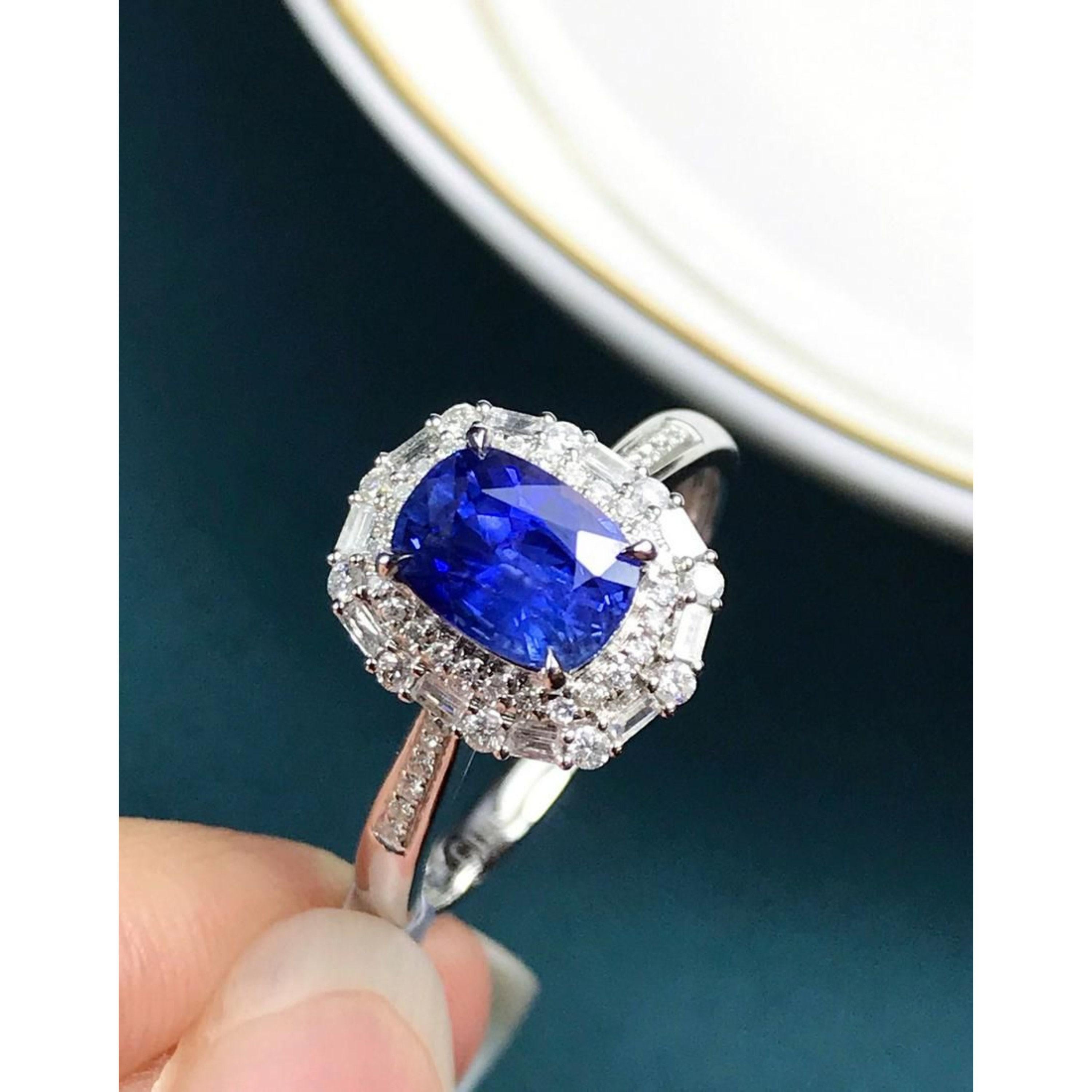 For Sale:  Natural Cushion Cut Sapphire Engagement Ring, Diamond Wedding Ring 5