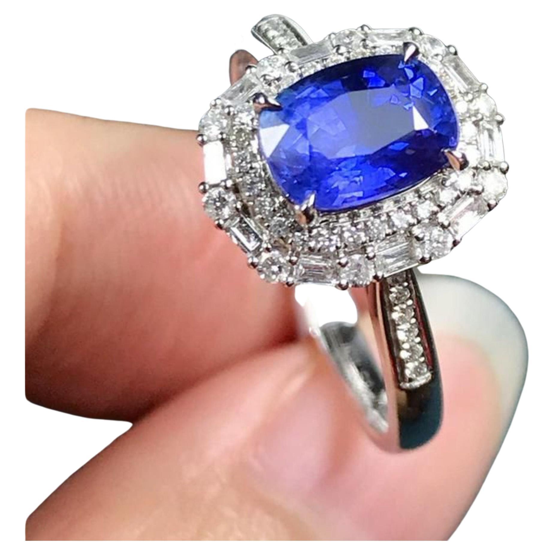 For Sale:  Natural Cushion Cut Sapphire Engagement Ring, Diamond Wedding Ring