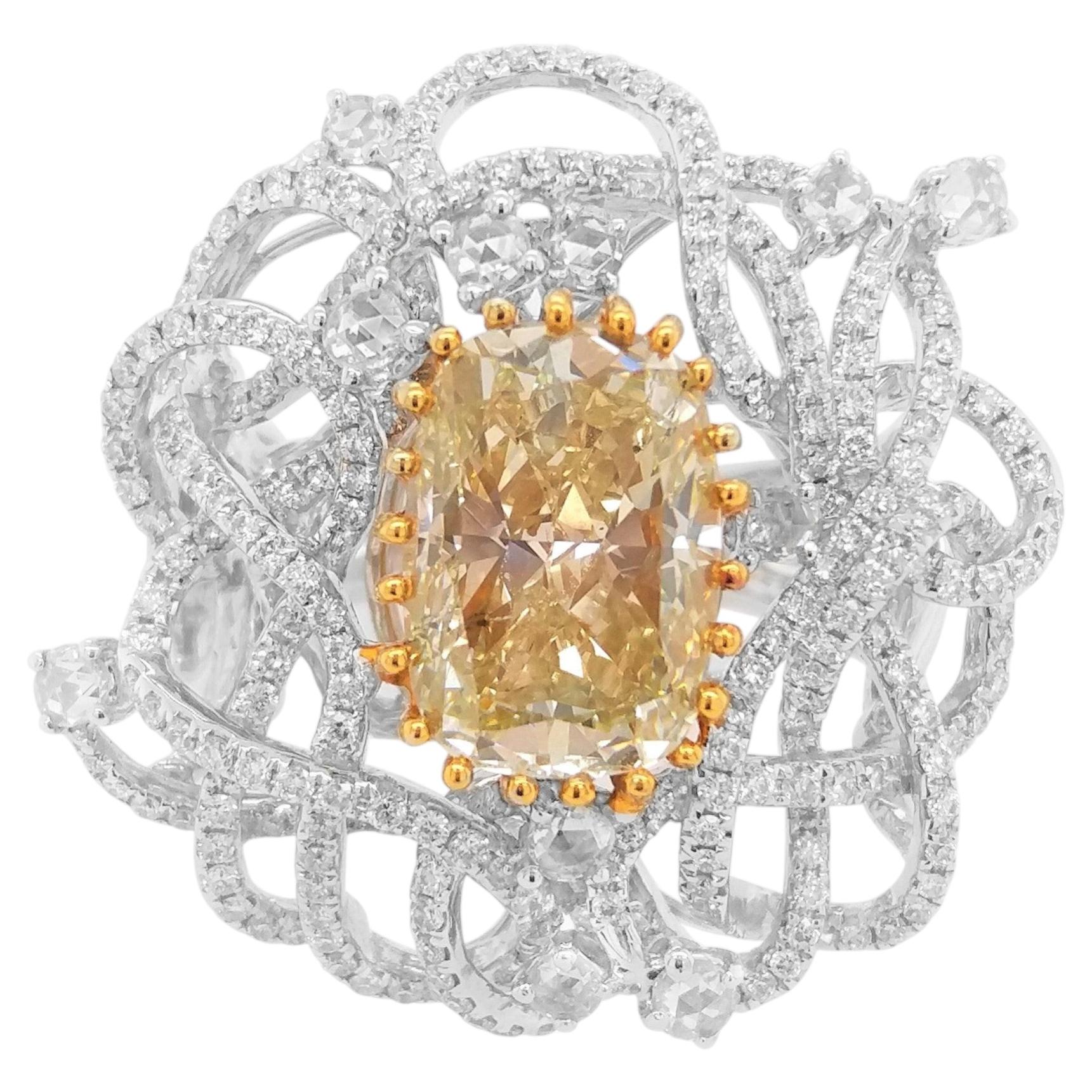 Natural Cushion cut Yellow Diamond and White Diamond Cocktail Ring in 18K Gold