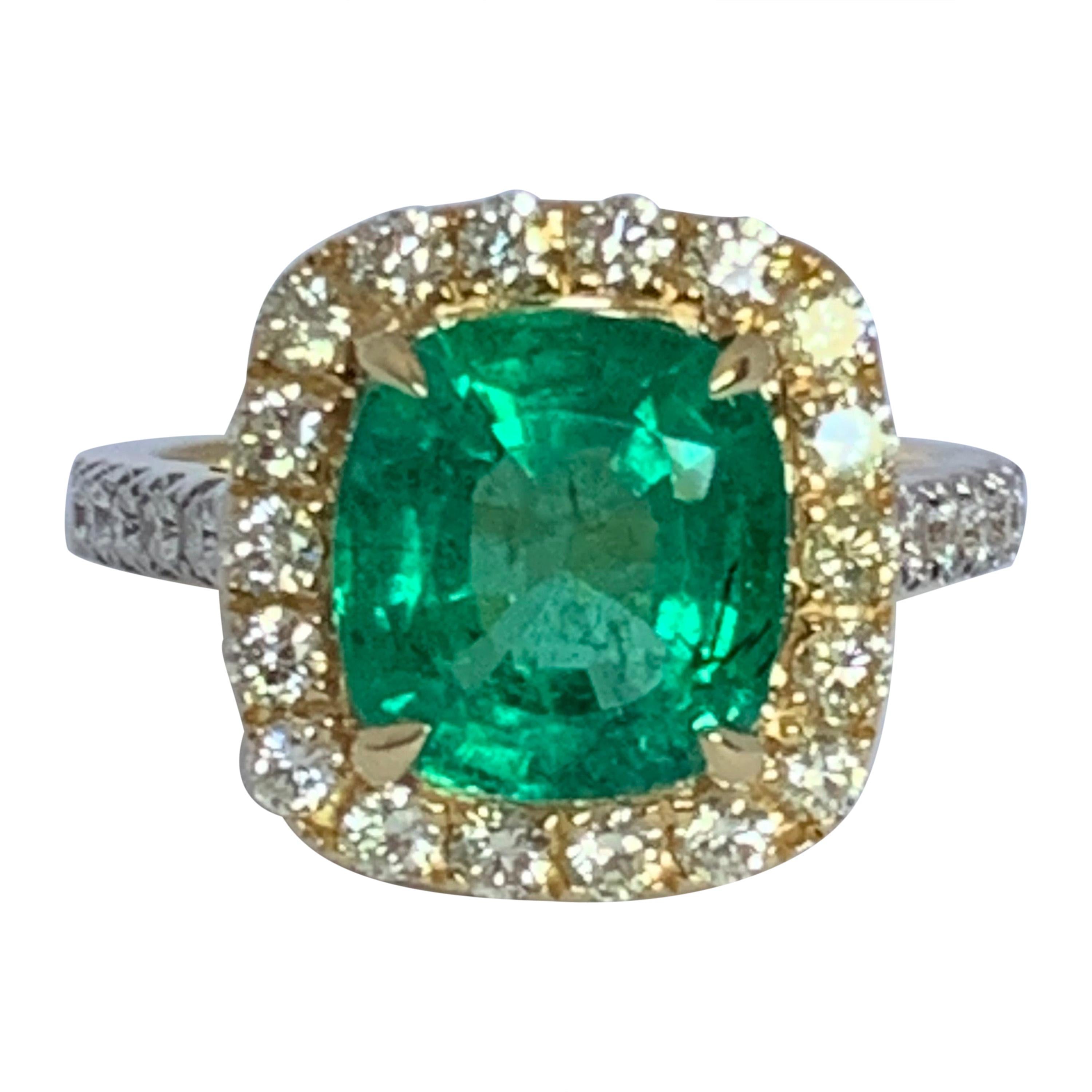 Natural Cushion Emerald and Diamond Ring