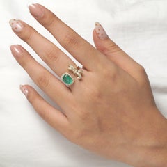 2.09 Carat Cushion Natural Emerald Diamond Bow Open Cuff Ring, 14k Yellow Gold