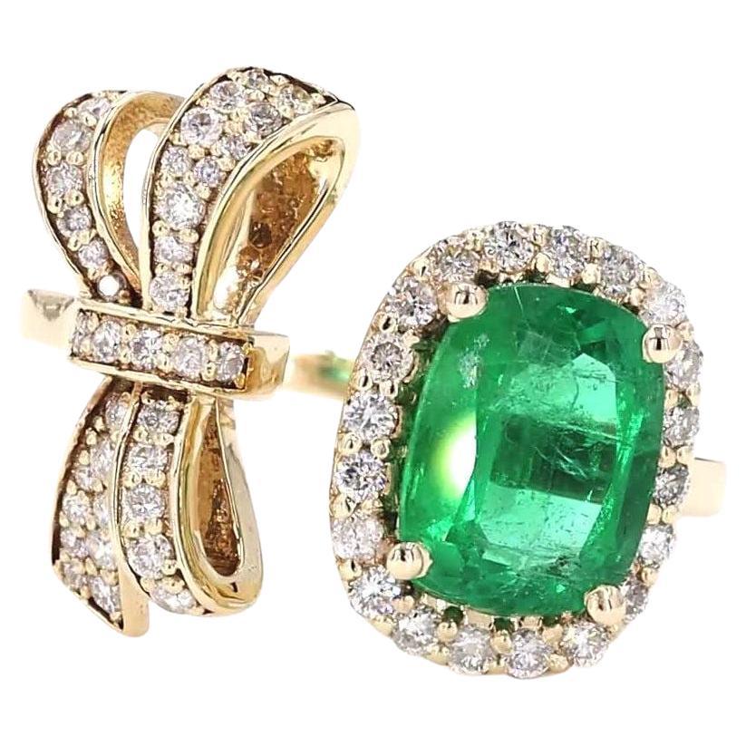 Natural Cushion Emerald & Diamond Bow Open Ring in 14K Solid Gold (Certified) For Sale