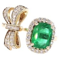 2.09 Carat Cushion Natural Emerald Diamond Bow Open Cuff Ring, 14k Yellow Gold