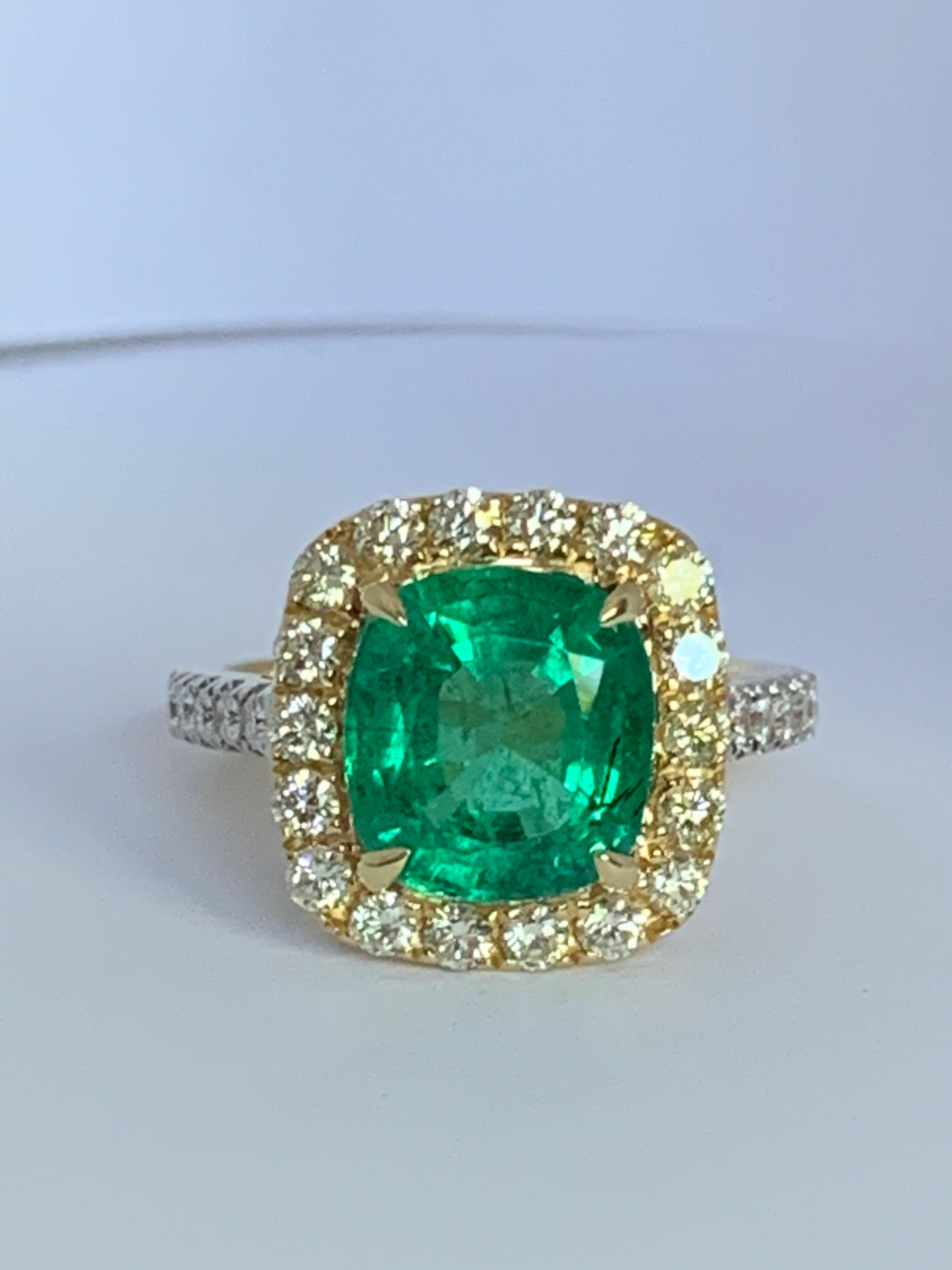 Natural Cushion Emerald and Diamond Ring 7