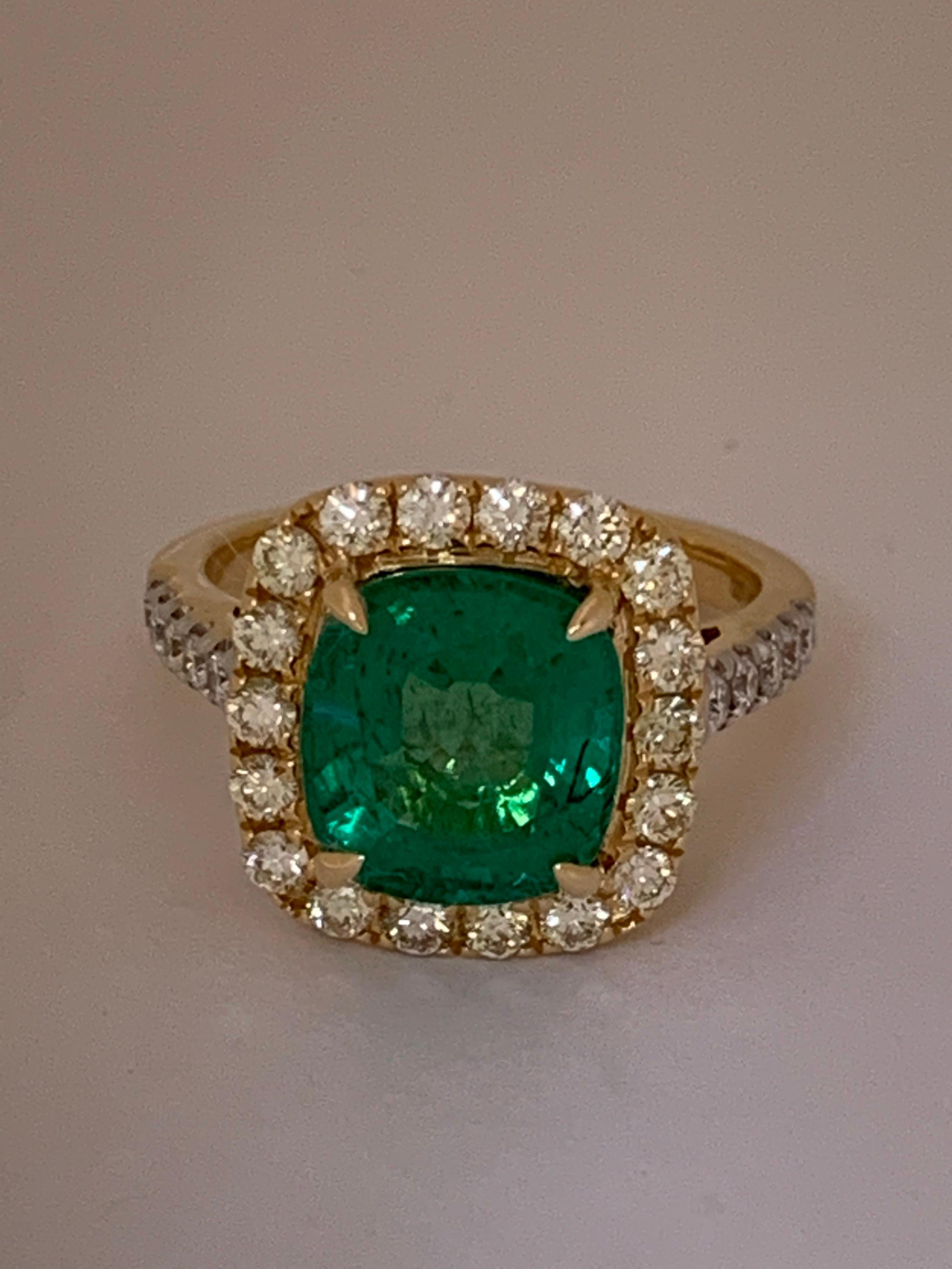 Contemporary Natural Cushion Emerald and Diamond Ring