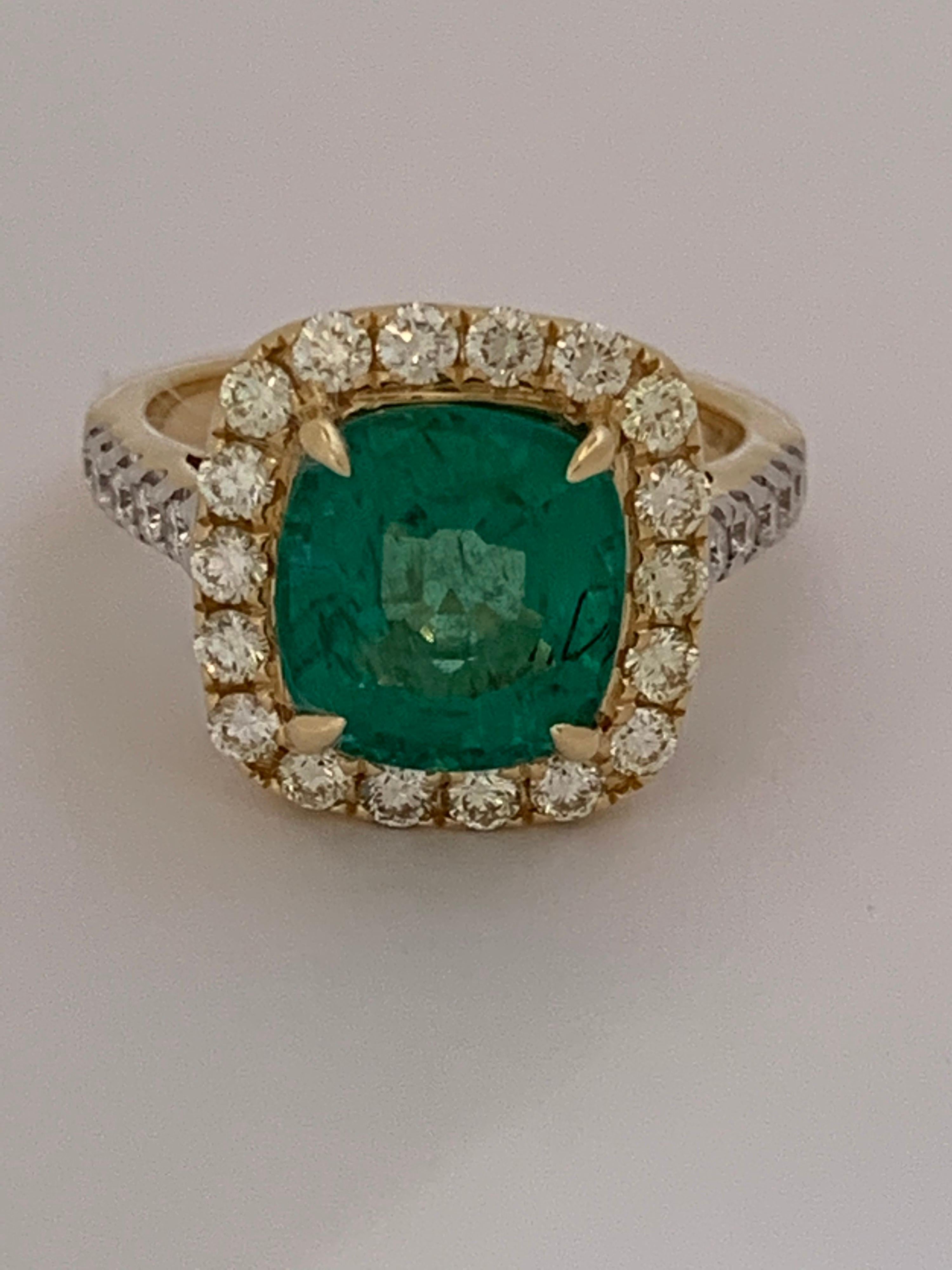 Cushion Cut Natural Cushion Emerald and Diamond Ring