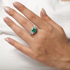 3.8 Carat Cushion Natural Emerald Oval Diamond Three-Stone Ring, 14k White Gold