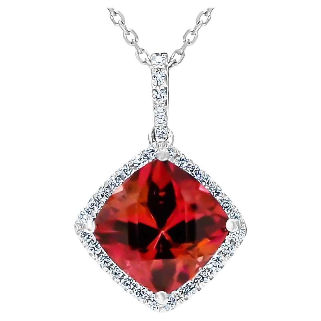 Natural Cushion Rubellite Tourmaline and White Diamond 3.58 CT TW Gold Pendant